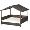 Outdoor Dog Bed with Canopy, Rattan Dog Bed with Soft Cushion Removable Cover for Medium and Large Dogs, Cream White