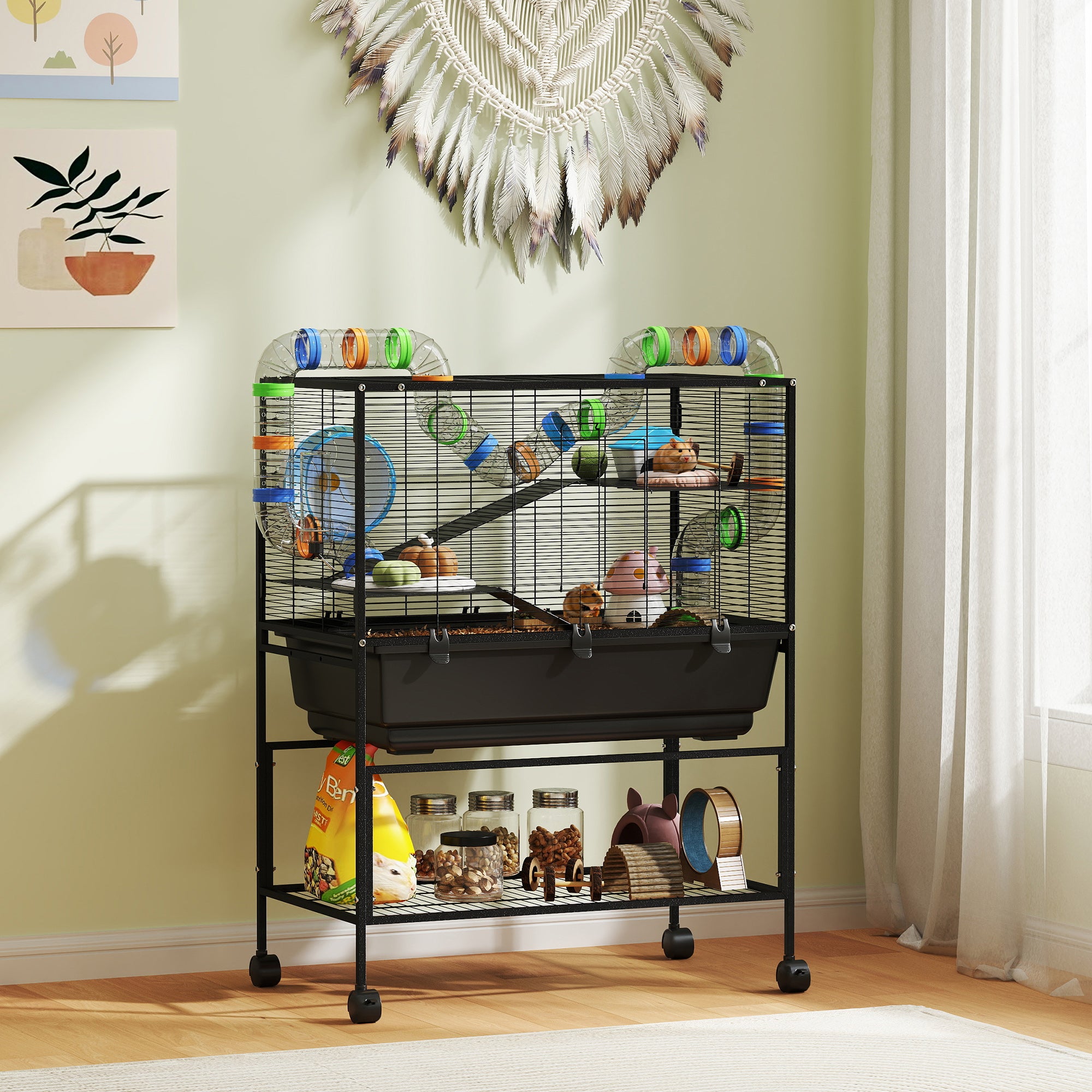 3-Tier Rolling Hamster Cage with Wheels - Large Rat Cage with Deep No-Leak Tray, Storage Shelf & Exercise Wheel, Full Habitat with Tubes, Hut, Gray