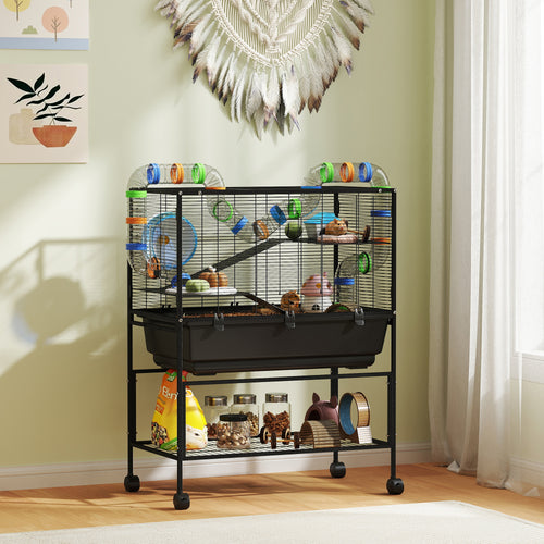 3-Tier Rolling Hamster Cage with Wheels - Large Rat Cage with Deep No-Leak Tray, Storage Shelf & Exercise Wheel, Full Habitat with Tubes, Hut, Gray