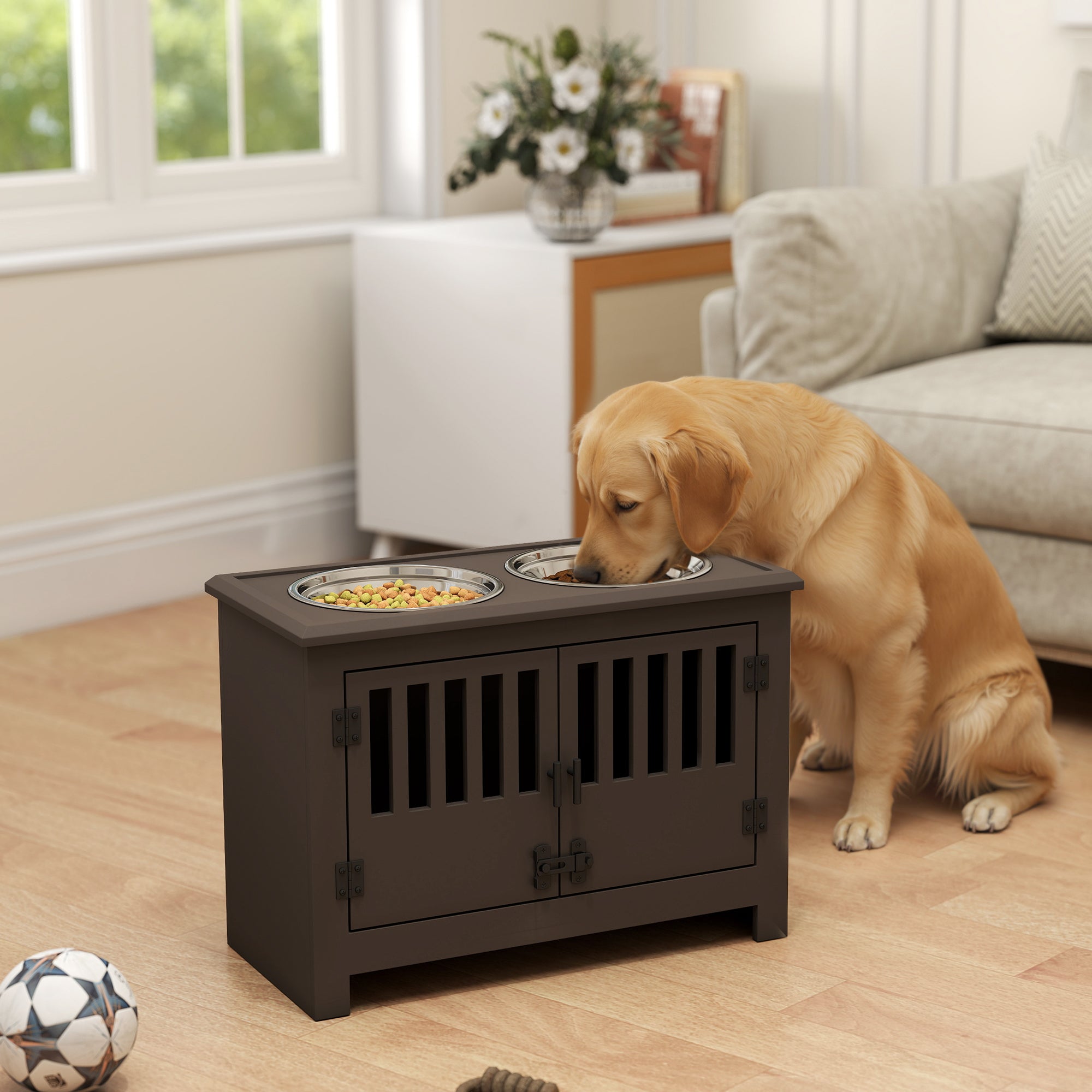 Dog Food Storage Cabinet with Bowls & Dog Feeding Station, Espresso