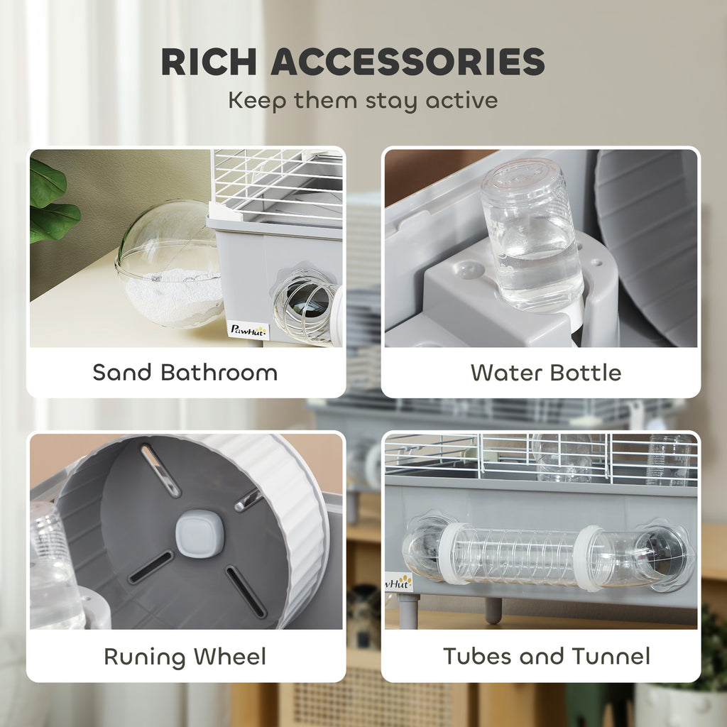 2-Tier Hamster Cage with Sand Bathroom, Running Wheel, Water Bottle, Tubes, Accessories, for Dwarf Hamster, Gray