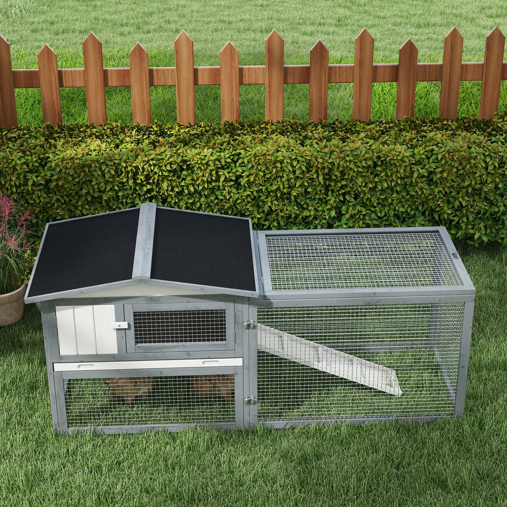 Large Rabbit Cage Outdoor 61"L Guinea Pig Hutch w/ Run Feeding Trough Removable Tray Ramp Asphalt Roof, White