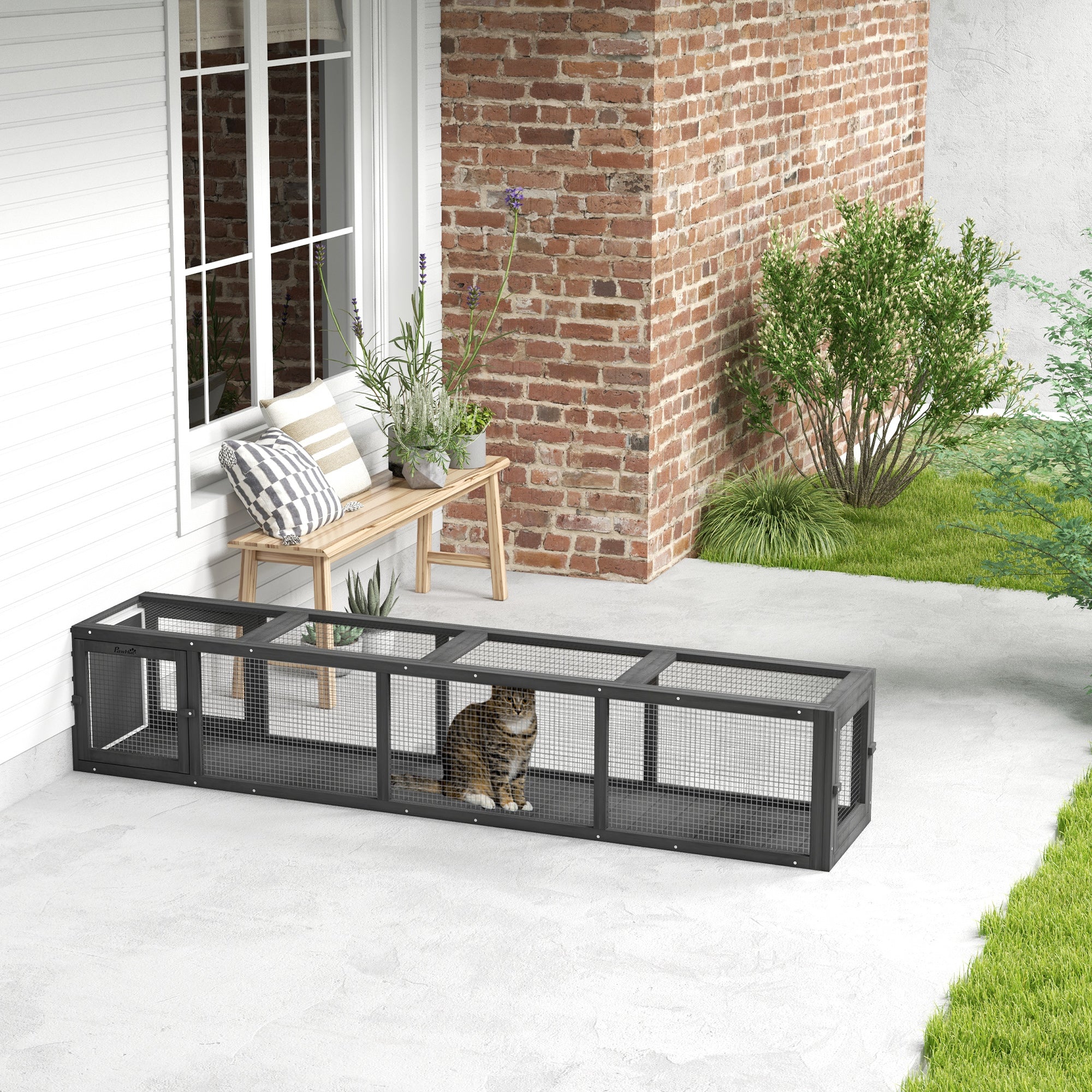 Wooden Cat Run with Weather Protection, Connecting Inside and Outside, 79"L x 15"W x 15"H, Dark Gray