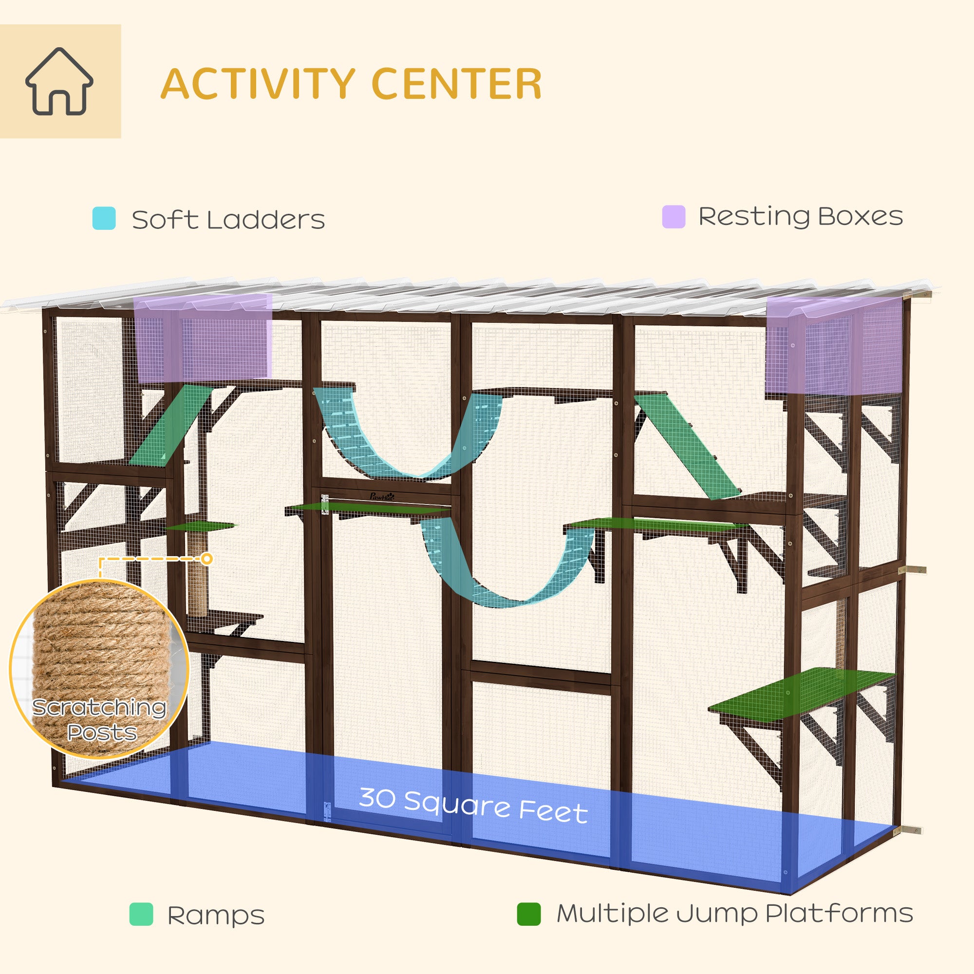 Large Outdoor Cat Enclosure for Multiple Cats with Shelves & Bridges, Coffee Brown