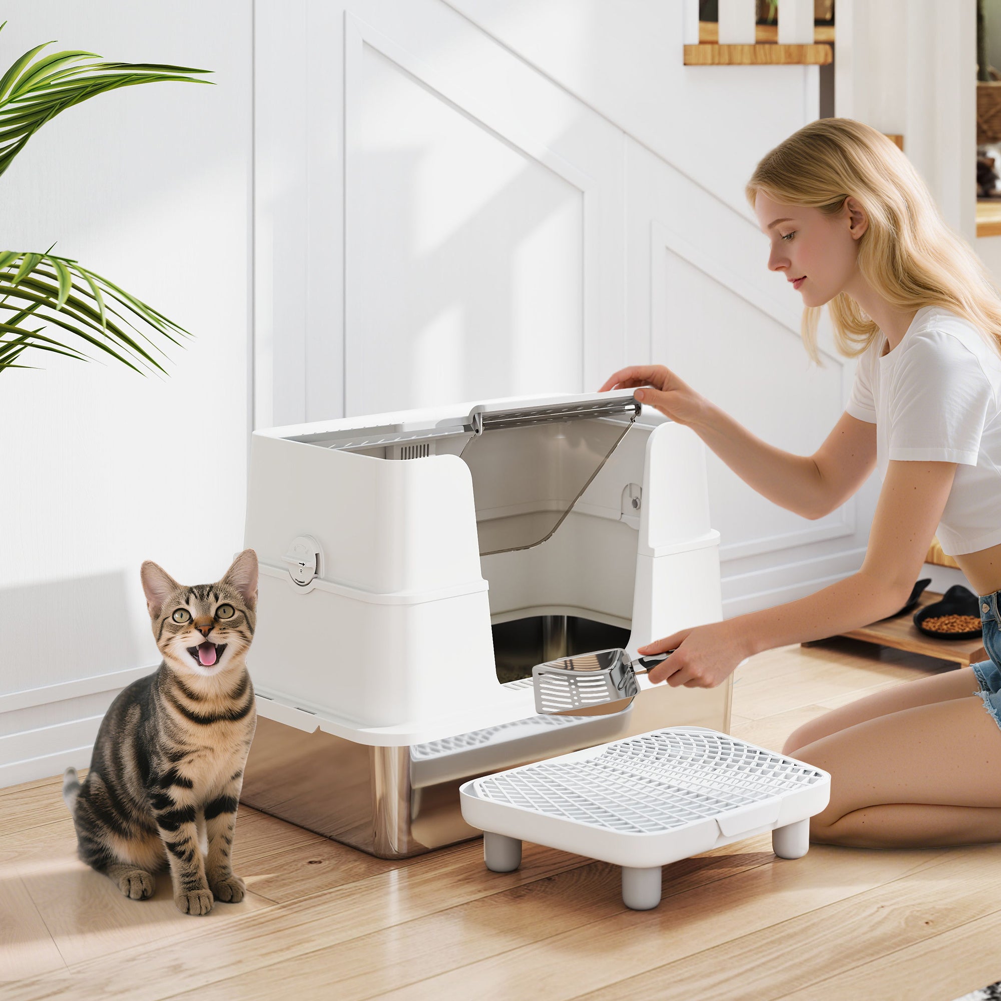 XL Stainless Steel Litter Box w/ 100¡ã Flip Top, Scoop, Step, Top & Side Entry Enclosed Litter Box for Big Cats