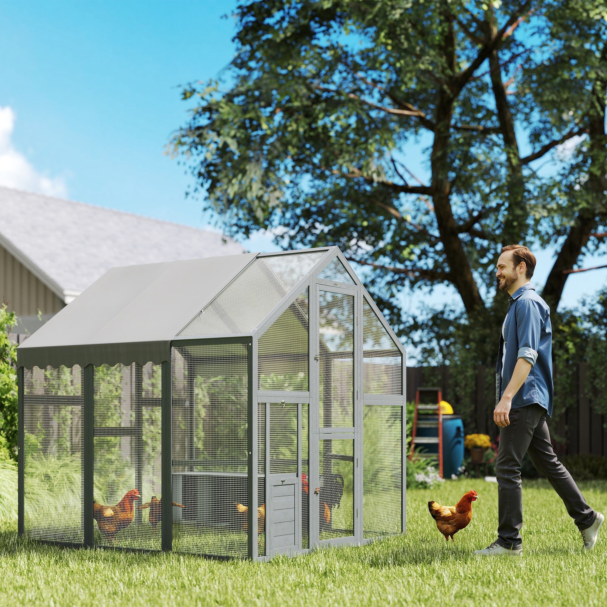 Large Wooden Chicken Run with Waterproof & Anti-UV Cover, for 6-8 Chickens, for Backyard, Farm, 5.5' x 6' x 6'