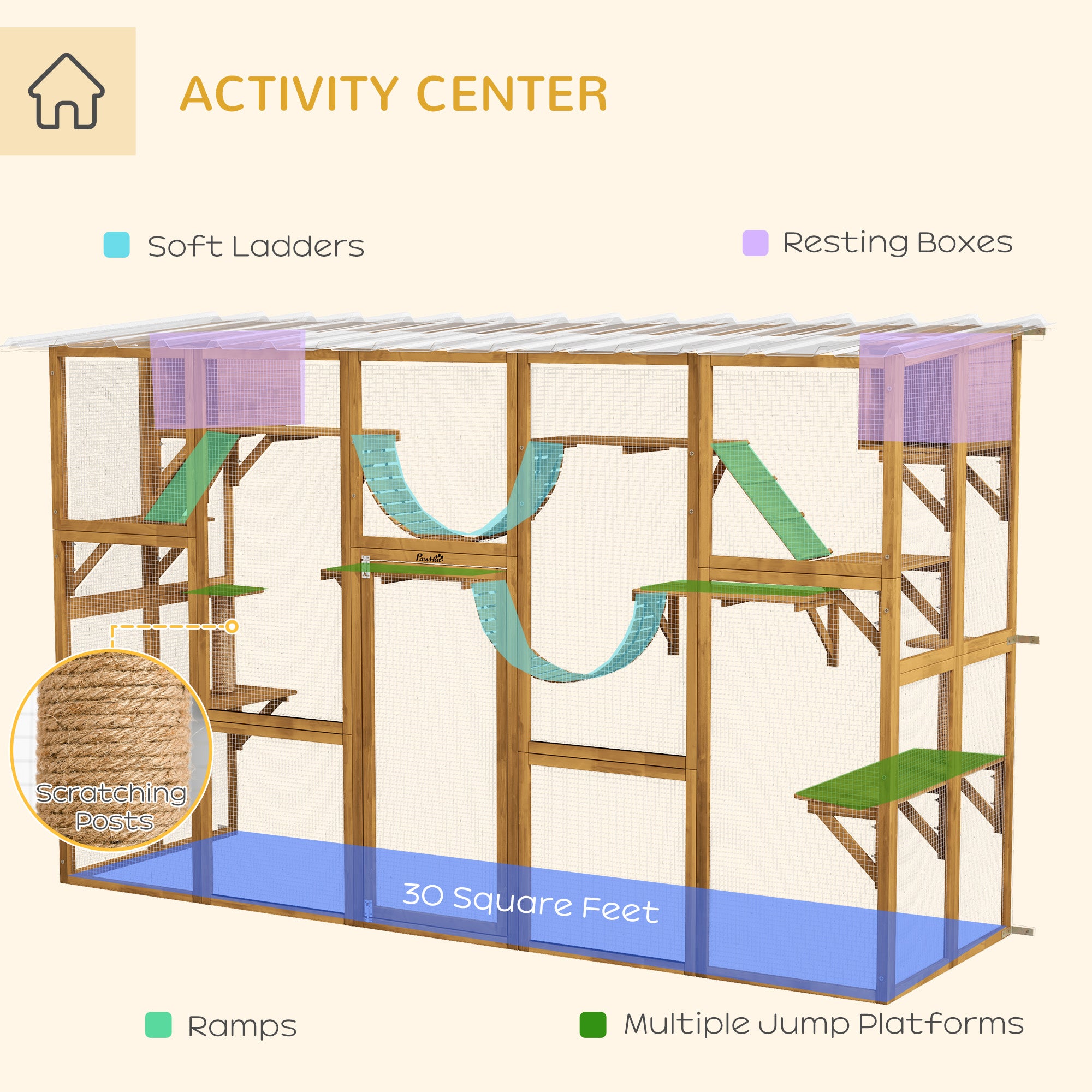 Catio Playground Cat Window Box Outside Enclosure for Multiple Cats w/ Shelves & Bridges, Yellow