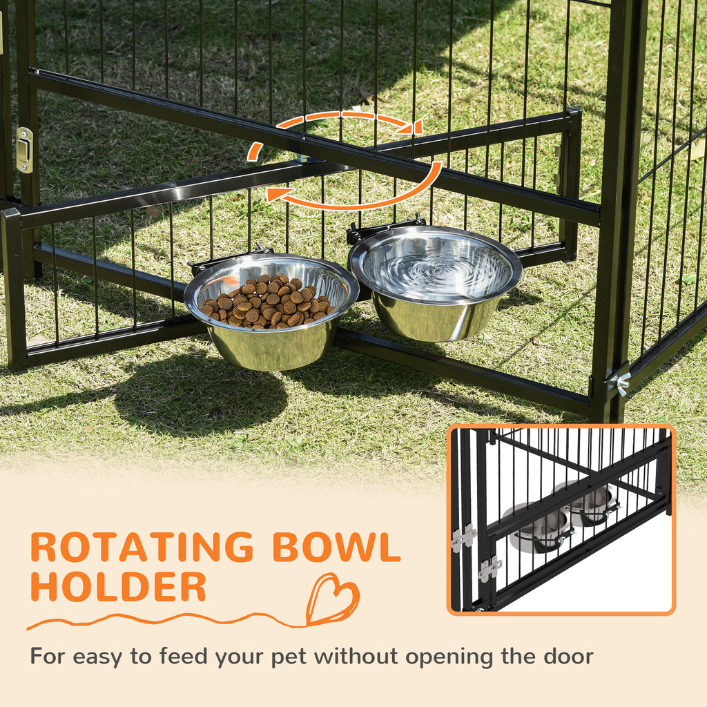 Outside Dog Kennel, 4.6' x 4.6' x 5' Puppy Play Pen with Canopy, Garden Playpen Fence Crate Enclosure Cage Rotating Bowl, for Dogs, Chickens, Ducks, Black