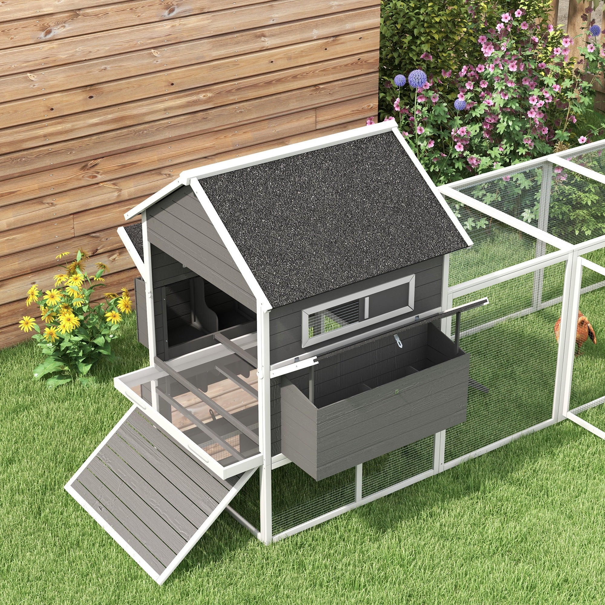 137" Wooden Chicken Coop for 8-10 Chickens, Backyard, Gray