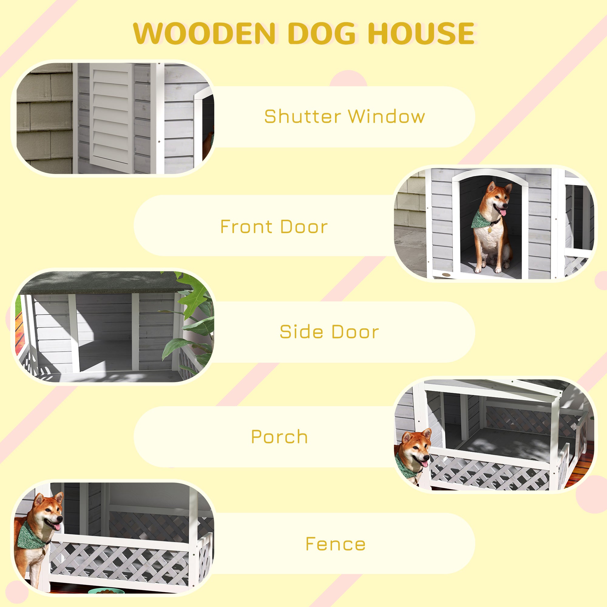 Wooden Dog House Outdoor with Porch, Cabin Style Raised Dog Shelter with Asphalt Roof, Doors, and Shutter Window, for Medium Large Sized Dog, Light Gray