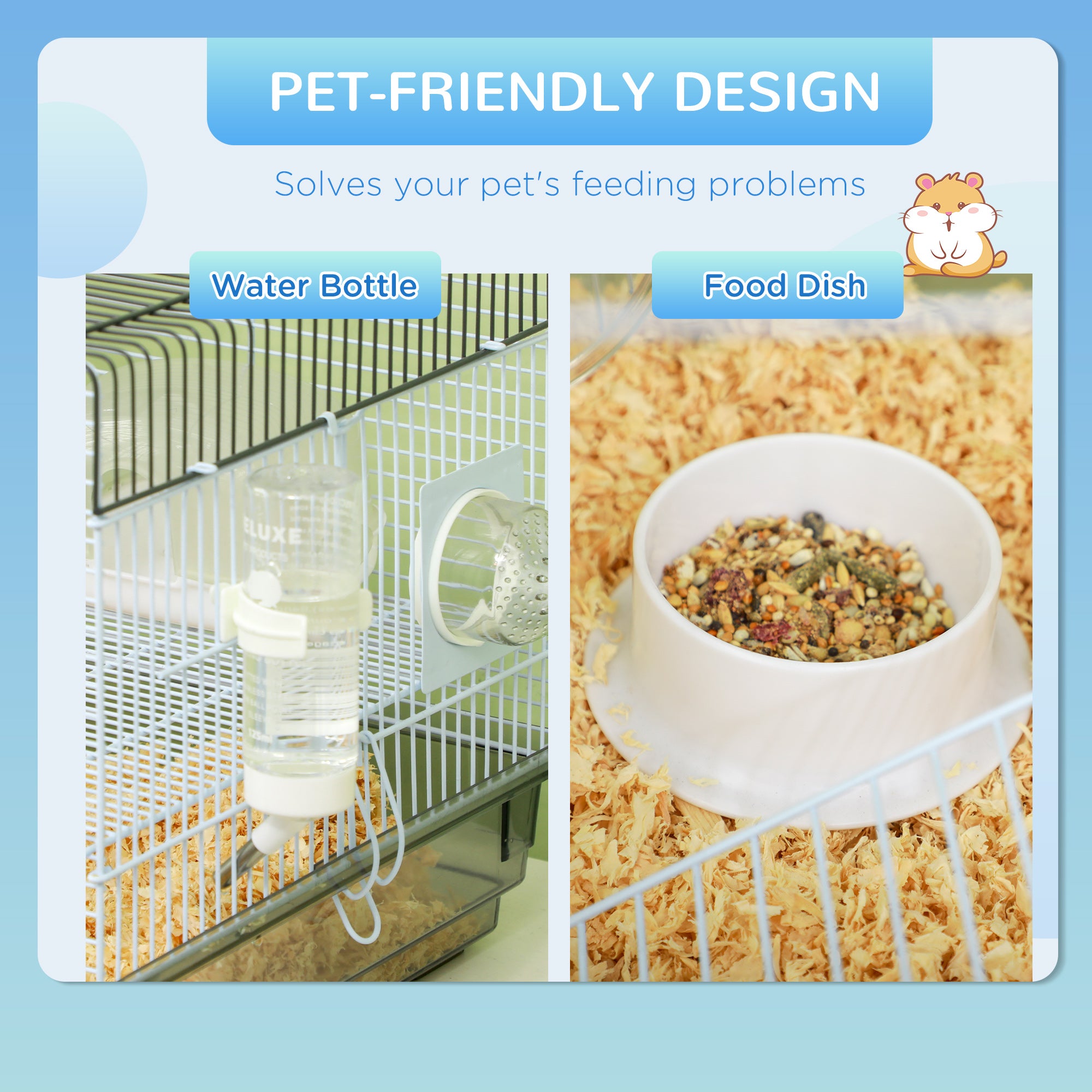 Small Animal Cage for Gerbil or Dwarf Hamster w/ Tubes, Exercise Wheel, Food Dish, Water Bottle, 23" x 13" x 12", Gray
