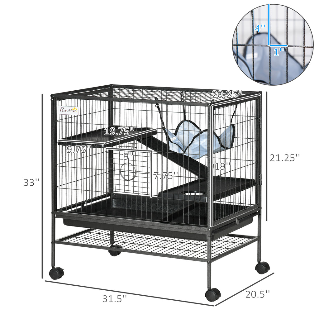 Small Animal Cage with Wheels, Pet Playpen for Rat, Syrian Hamster, Kitten, Ferrets, Chinchillas with Bottom Storage Shelf, Removable Tray, Ramp, 31.5" x 20.5" x 33.1"