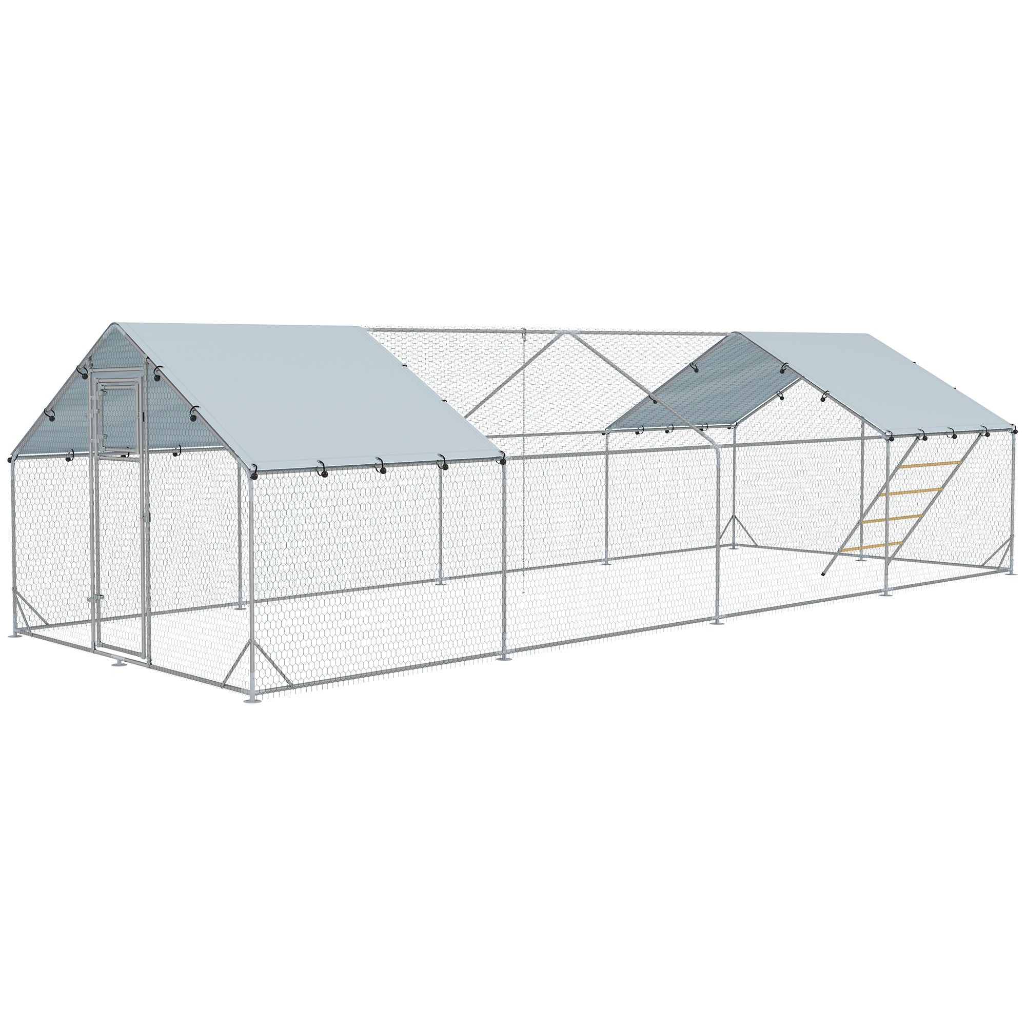 Metal Chicken Run w/ Waterproof & Anti-UV Cover, Feeding Door, Hanging Feeder, for 24-30 Chickens, 9.8' x 26.2' x 6.4'