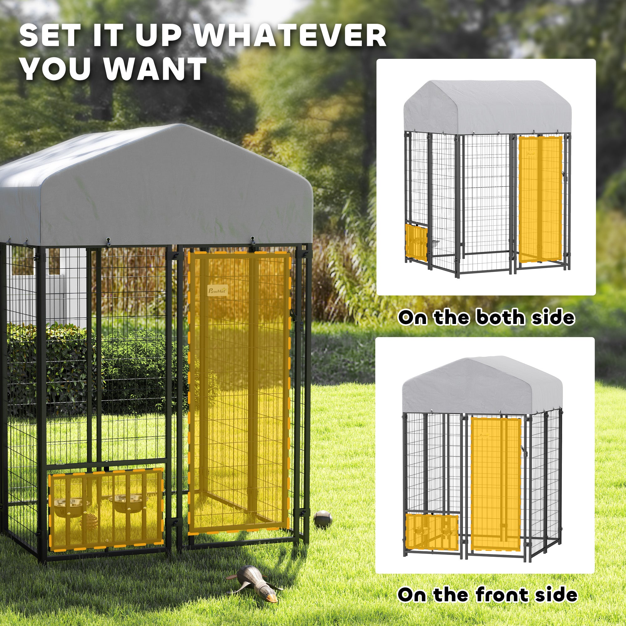 Welded Wire Outdoor Dog Kennel with 360¡ã Rotating & 4 Levels Adjustable Bowls, Waterproof Cover, 3.9' x 3.9' x 6'