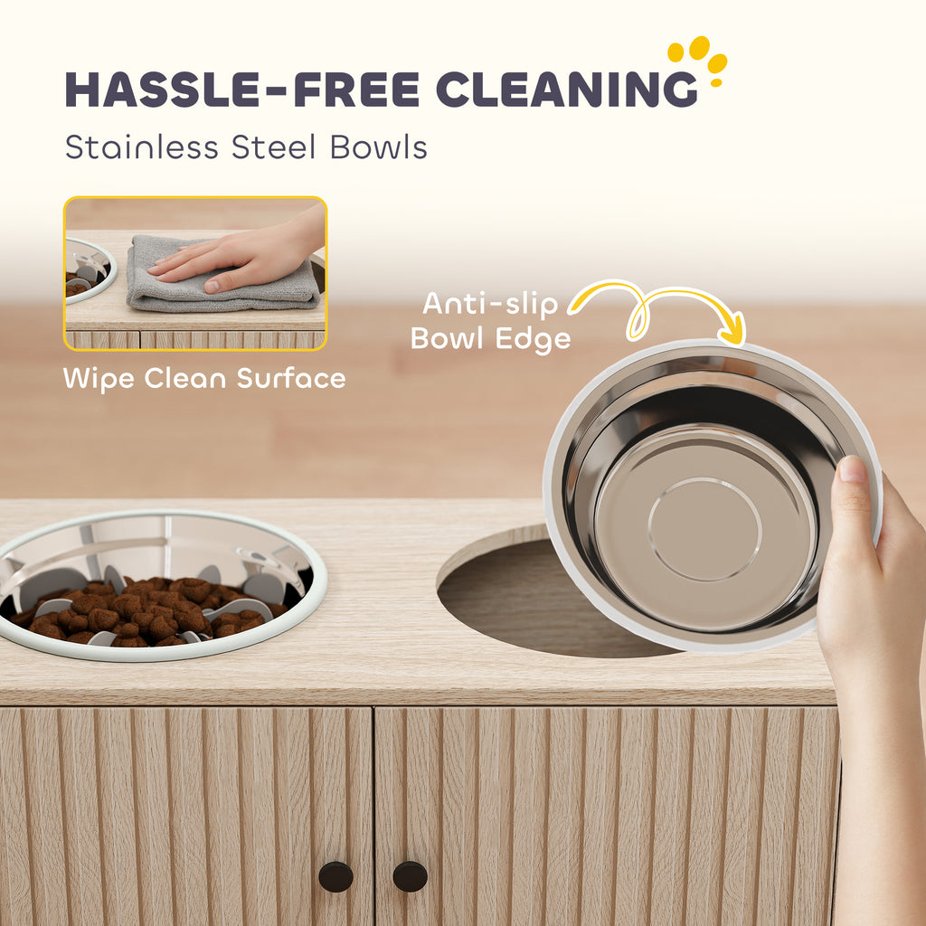 Elevated Dog Bowls with Storage Cabinet,  2 Stainless Steel Bowls, Slow Feeder, Dog Feeding Station for Large Dogs, Oak