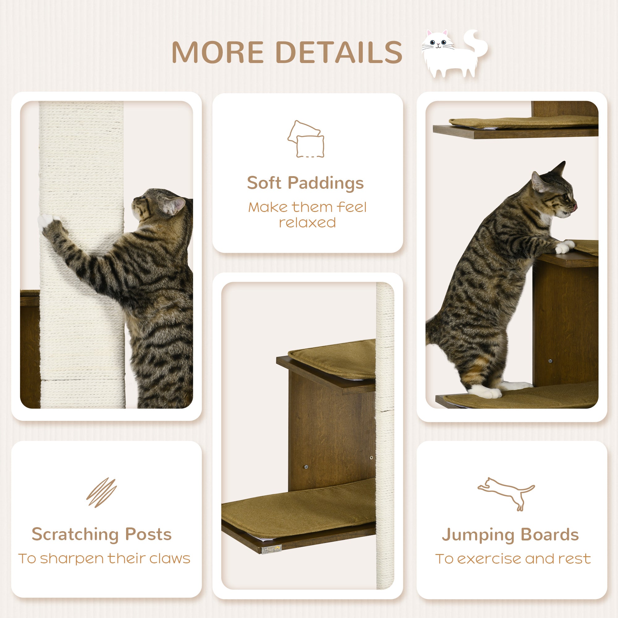 4-Layer Wall-Mounted Cat Tree with Scratching Board, Cat Wall Shelves Furniture