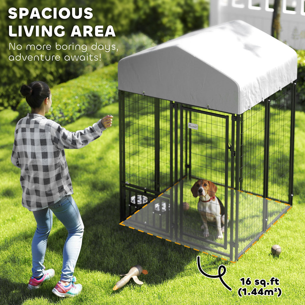 Welded Wire Outdoor Dog Kennel with 360¡ã Rotating & 4 Levels Adjustable Bowls, Waterproof Cover, 3.9' x 3.9' x 6'