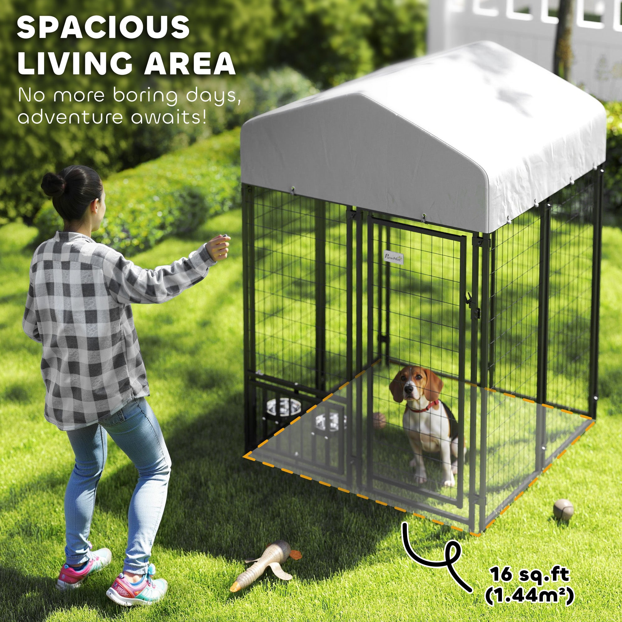Welded Wire Outdoor Dog Kennel with 360¡ã Rotating & 4 Levels Adjustable Bowls, Waterproof Cover, 3.9' x 3.9' x 6'