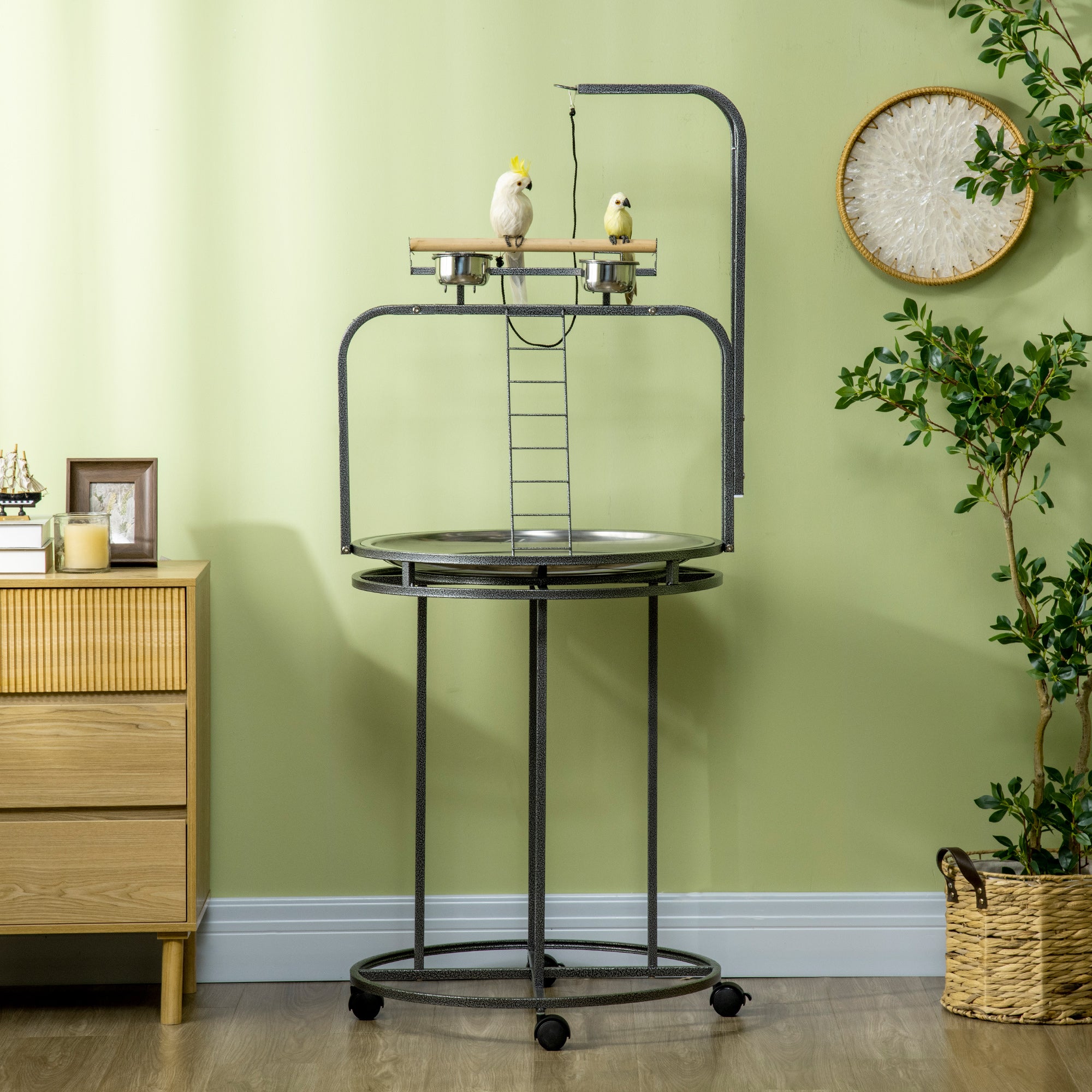 Parrot Stand Large Bird Perch Stand with Toy Hook & 3 Ladders, Parrot Perch, Bird Wooden Stand, Gray