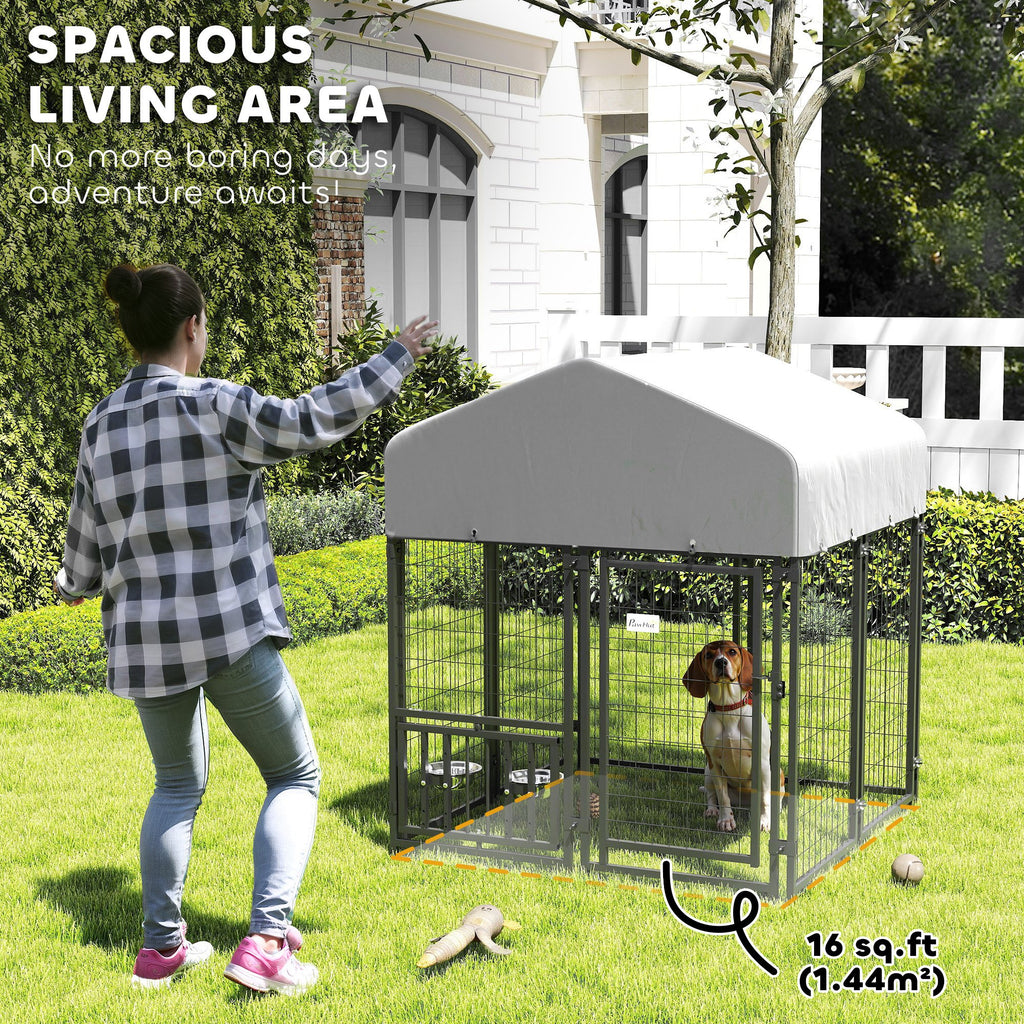 Welded Wire Outdoor Dog Kennel with 360¡ã Rotating & 4 Levels Adjustable Bowls, Waterproof Cover, 3.9' x 3.9' x 4.5'