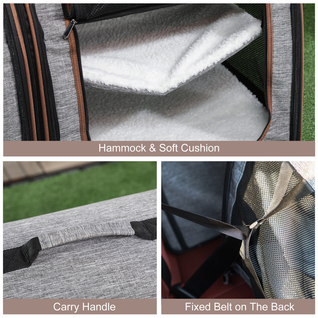 Collage of a pet carrier with hammock, soft cushion, carry handle, and fixed belt on the back.