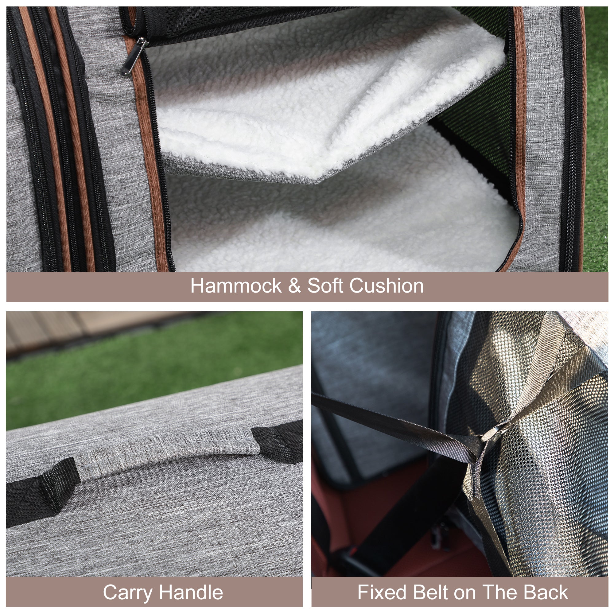 Collage of a pet carrier with hammock, soft cushion, carry handle, and fixed belt on the back.