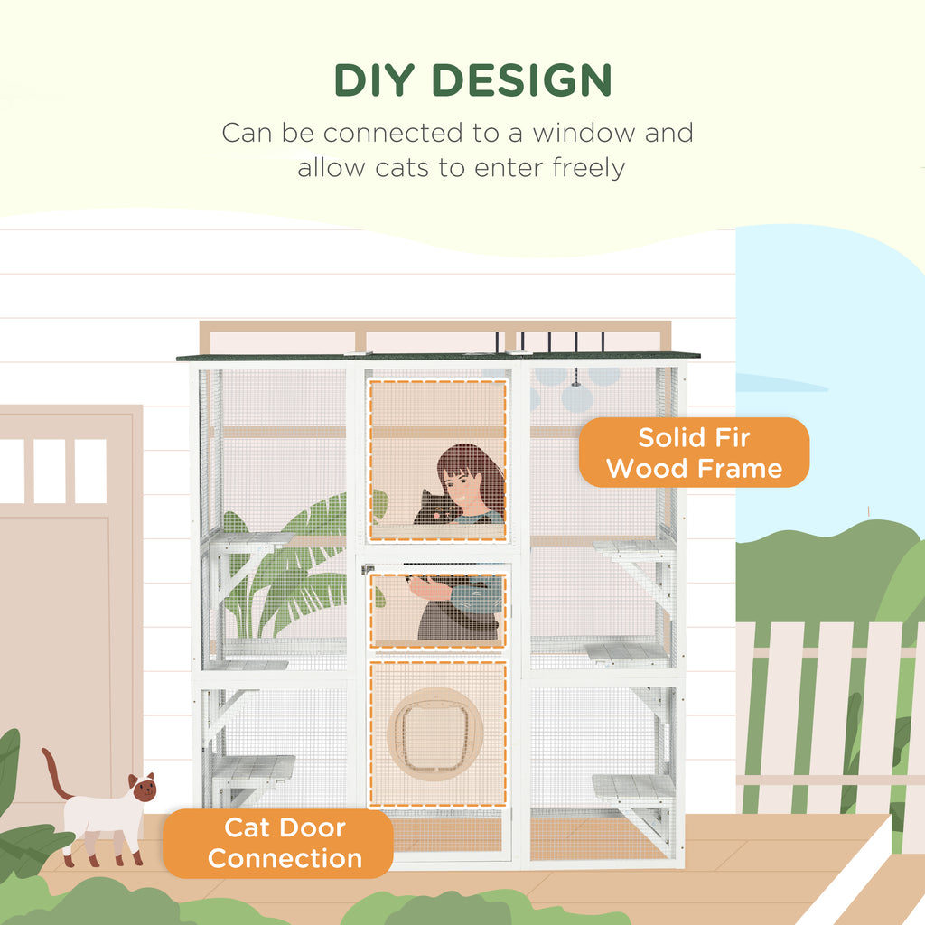 Outdoor Cat House Big Catio Wooden Feral Cat Shelter Enclosure with Large Spacious Interior, 6 High Ledges, Weather Protection Asphalt Roof, 71" L, White