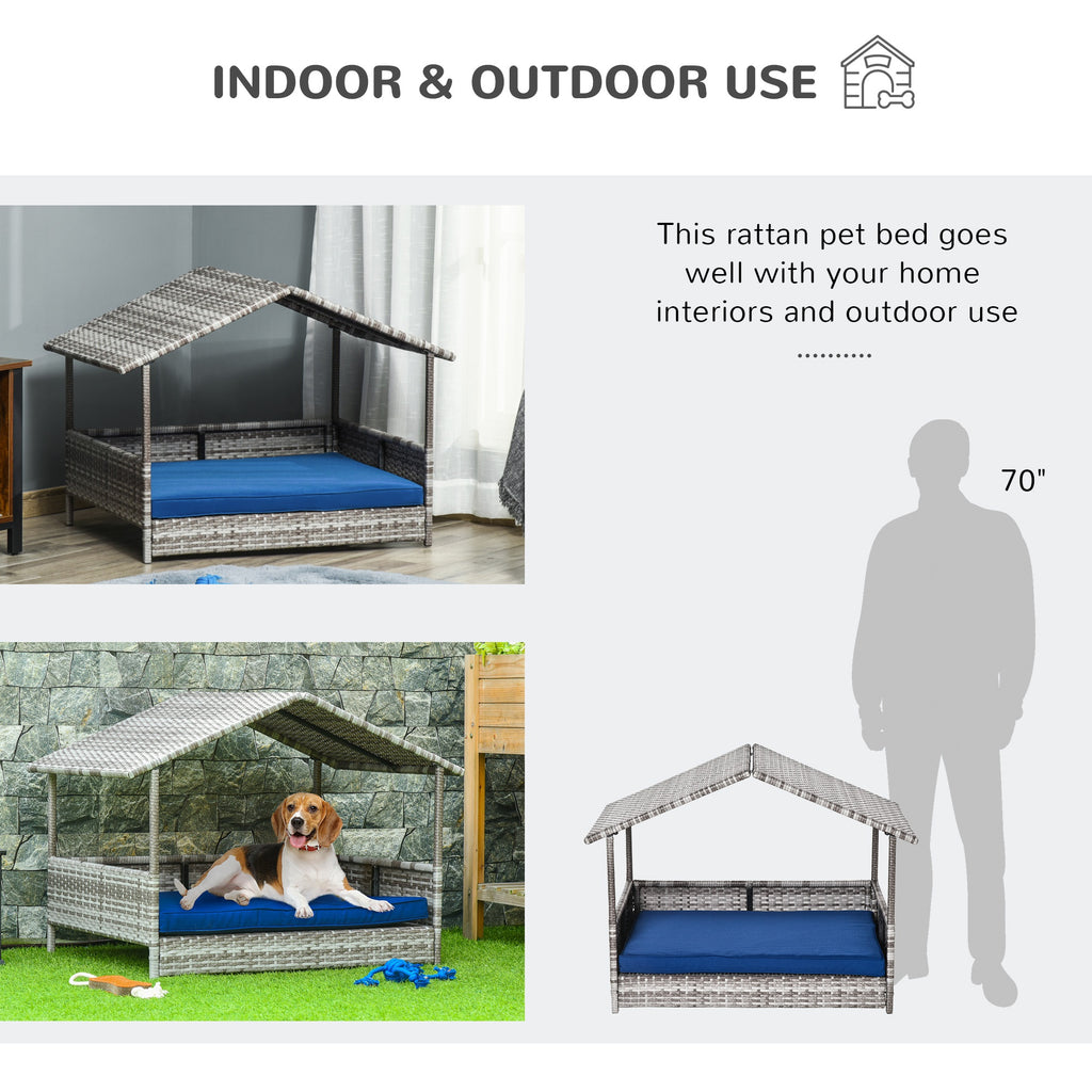 Pet House Wicker, for Indoor/Outdoor Rattan Furniture, with Water-Resistant and Removable Cushions, Elevated Bottom, Dark Blue