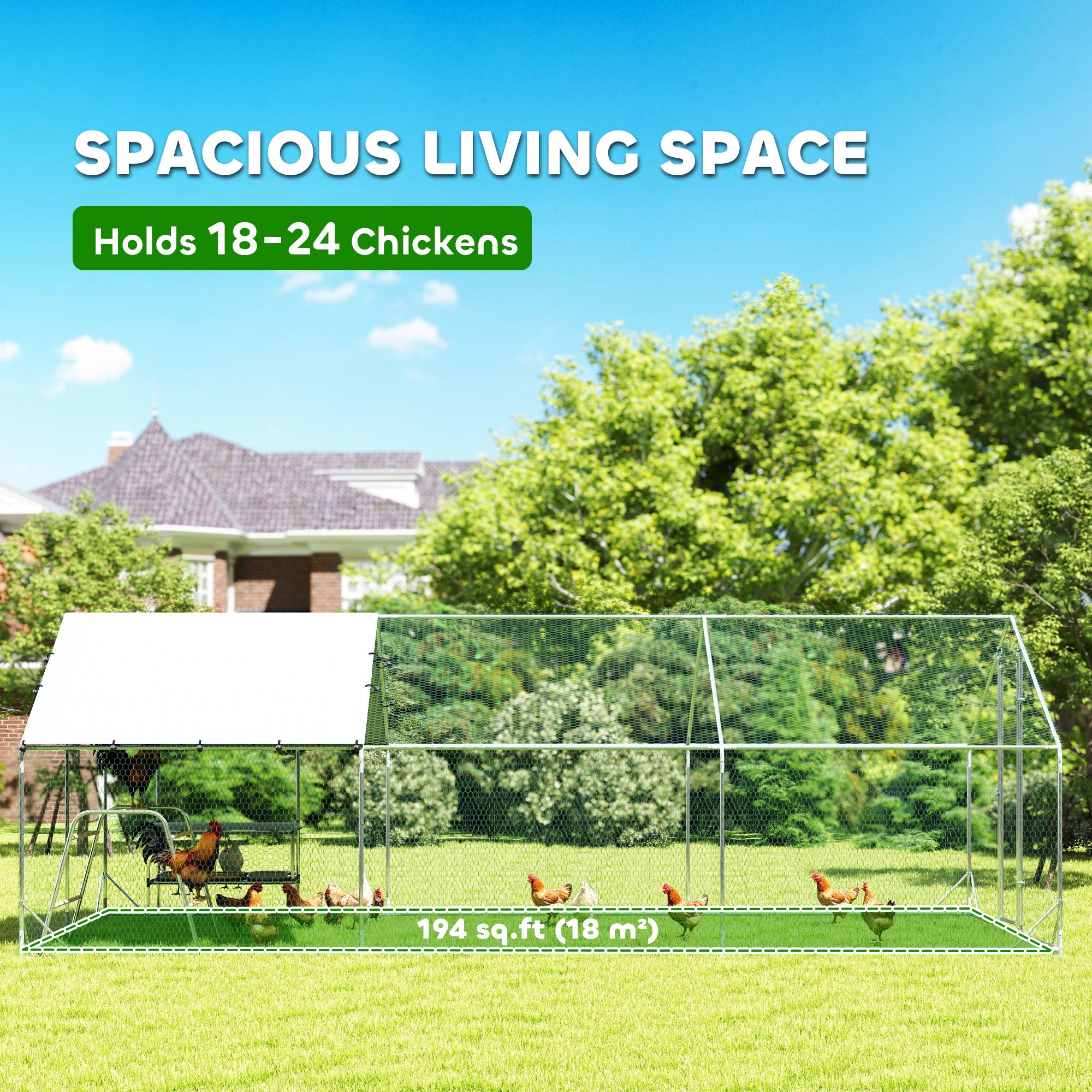 Large Metal Chicken Coop with Waterproof Cover, Roosting Bar, Nesting Box, 9.8' x 19.7' x 6.4'