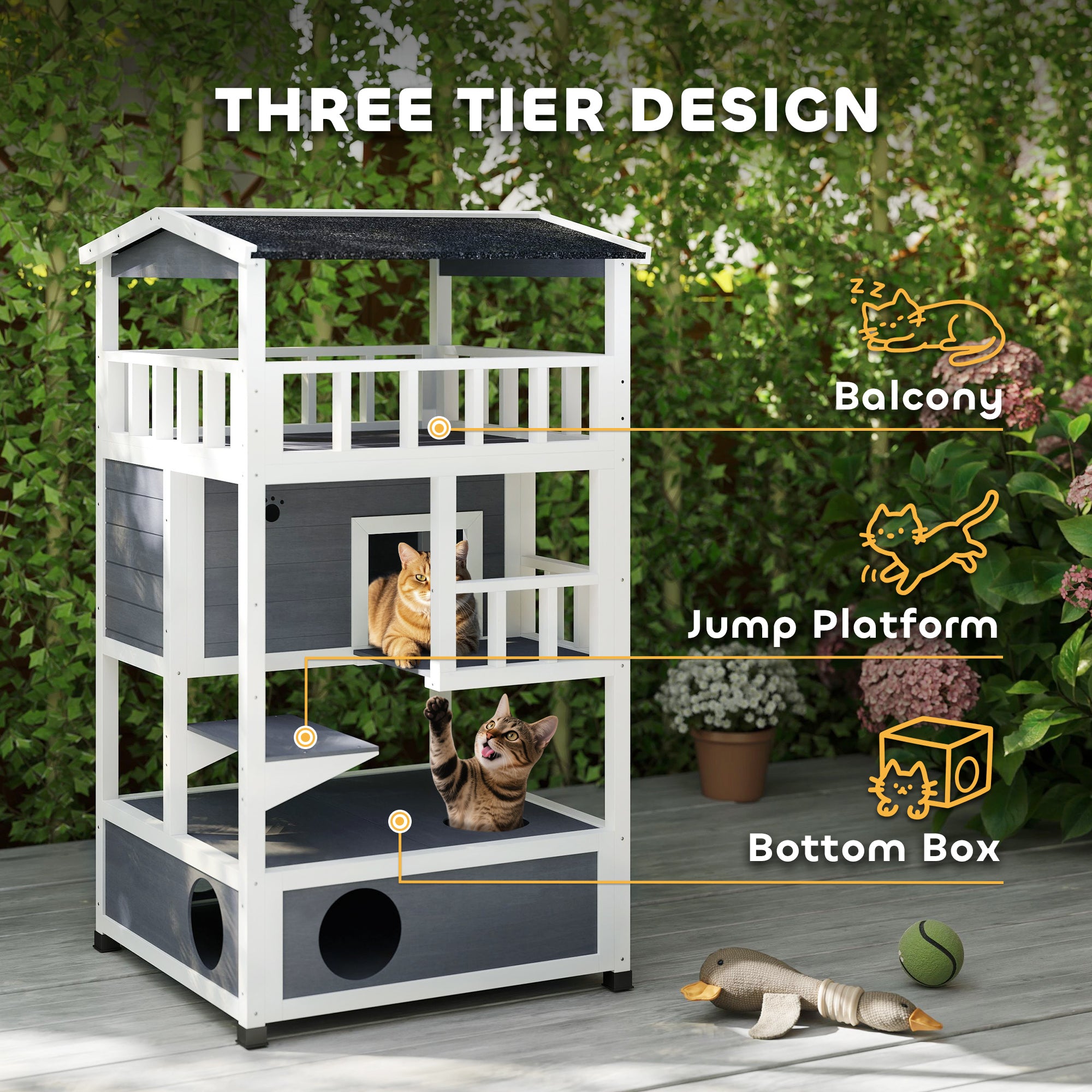 Wooden Outdoor Cat House, Feral Cat Shelter Kitten Condo with Asphalt Roof, Escape Doors, Condo, Jumping Platform, Gray