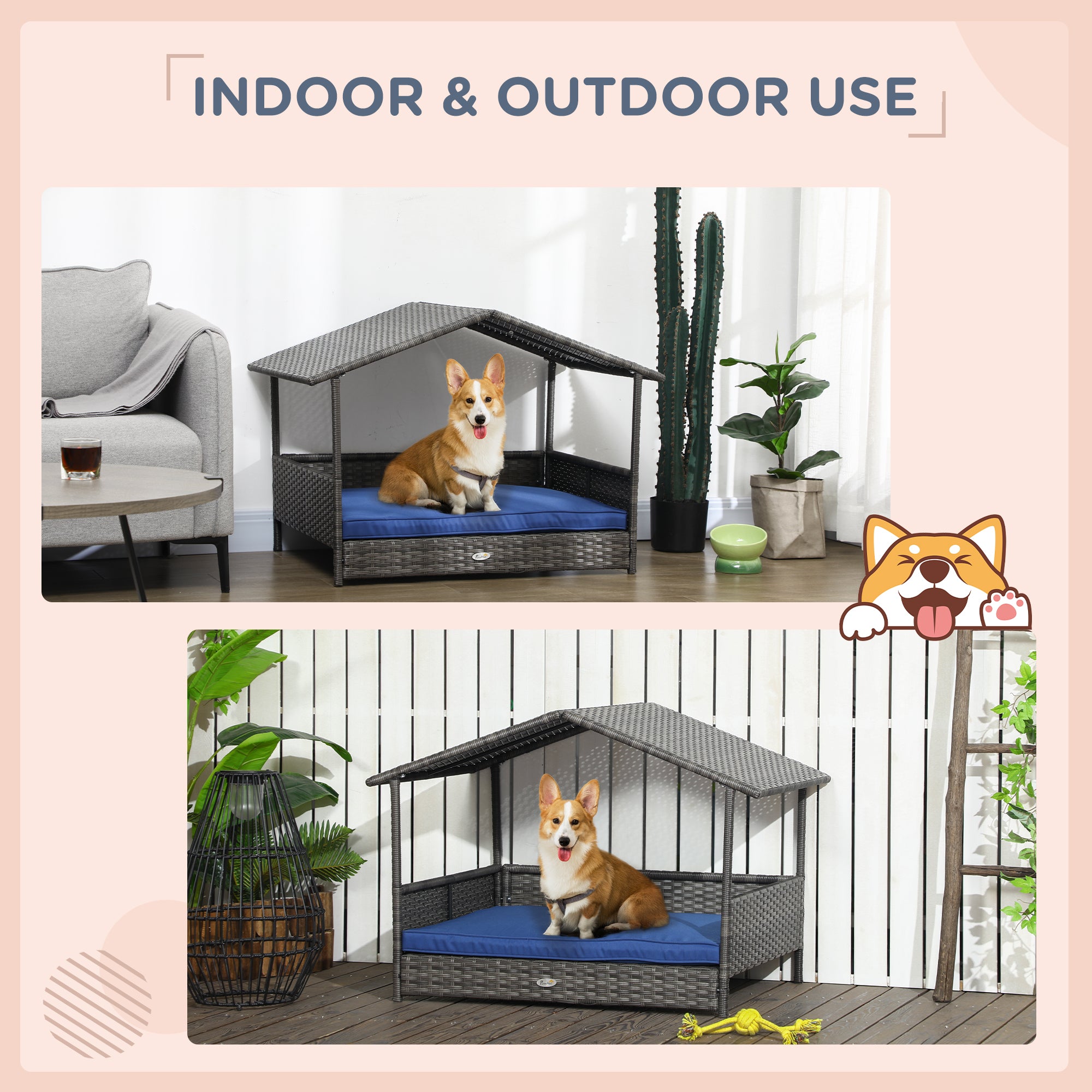 Wicker Dog House with Removable Cushion Lounge, Dark Blue