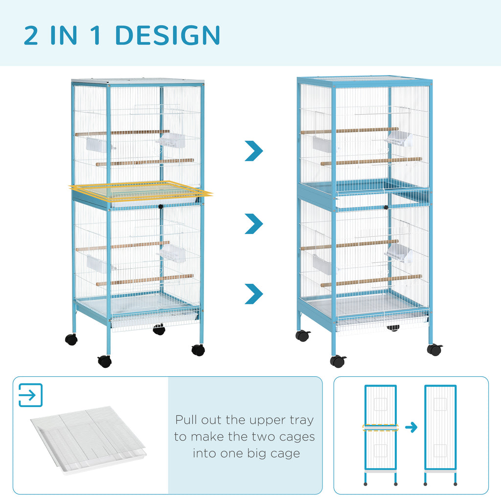 55" 2 In 1 Bird Cage Aviary Parakeet House for finches, budgies with Wheels, Light Blue