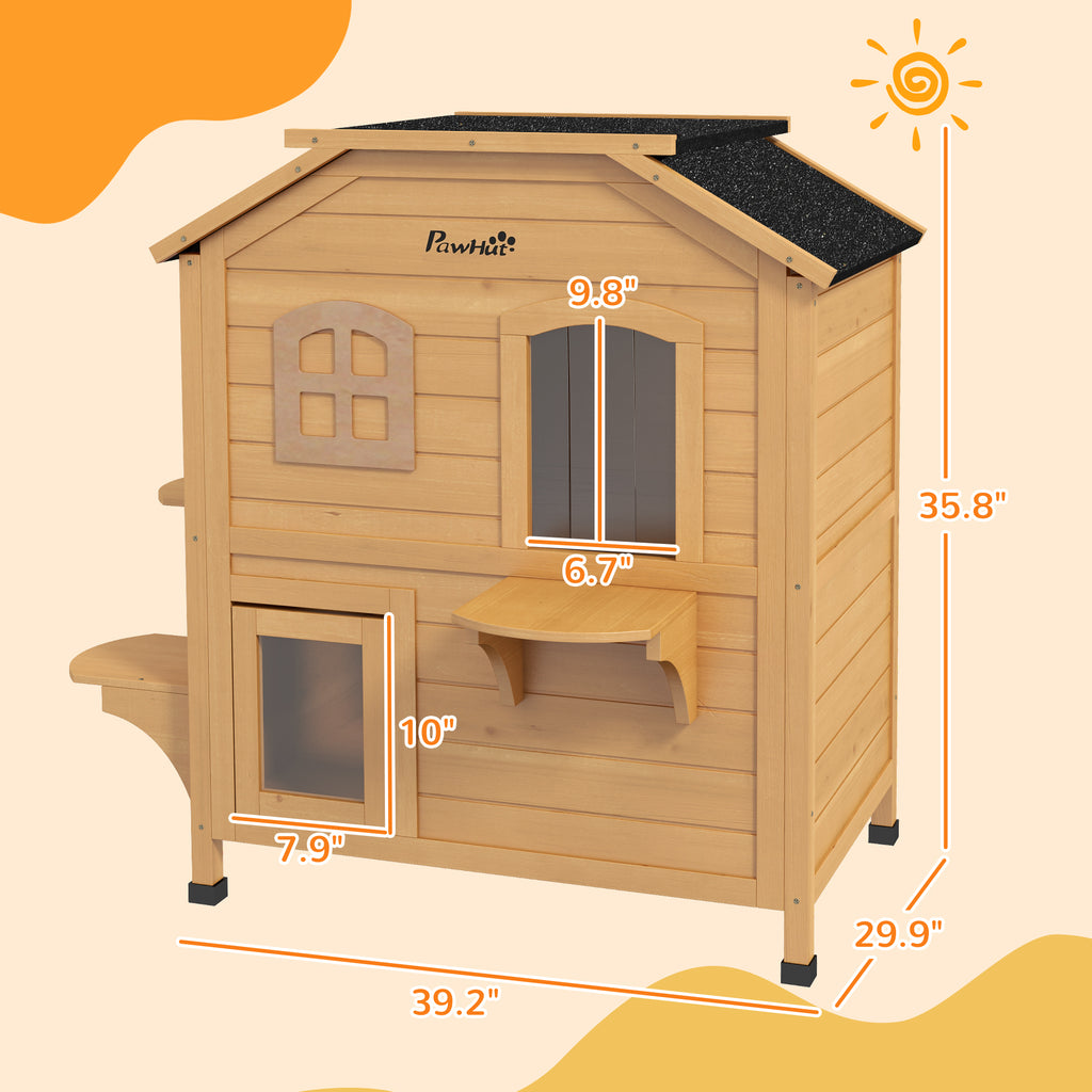 ?2-story Cat House Outdoor, Weatherproof?Wooden Cat Enclosure for Feral Cats with Escape Door, Openable Roof, Jumping Platforms, Natural