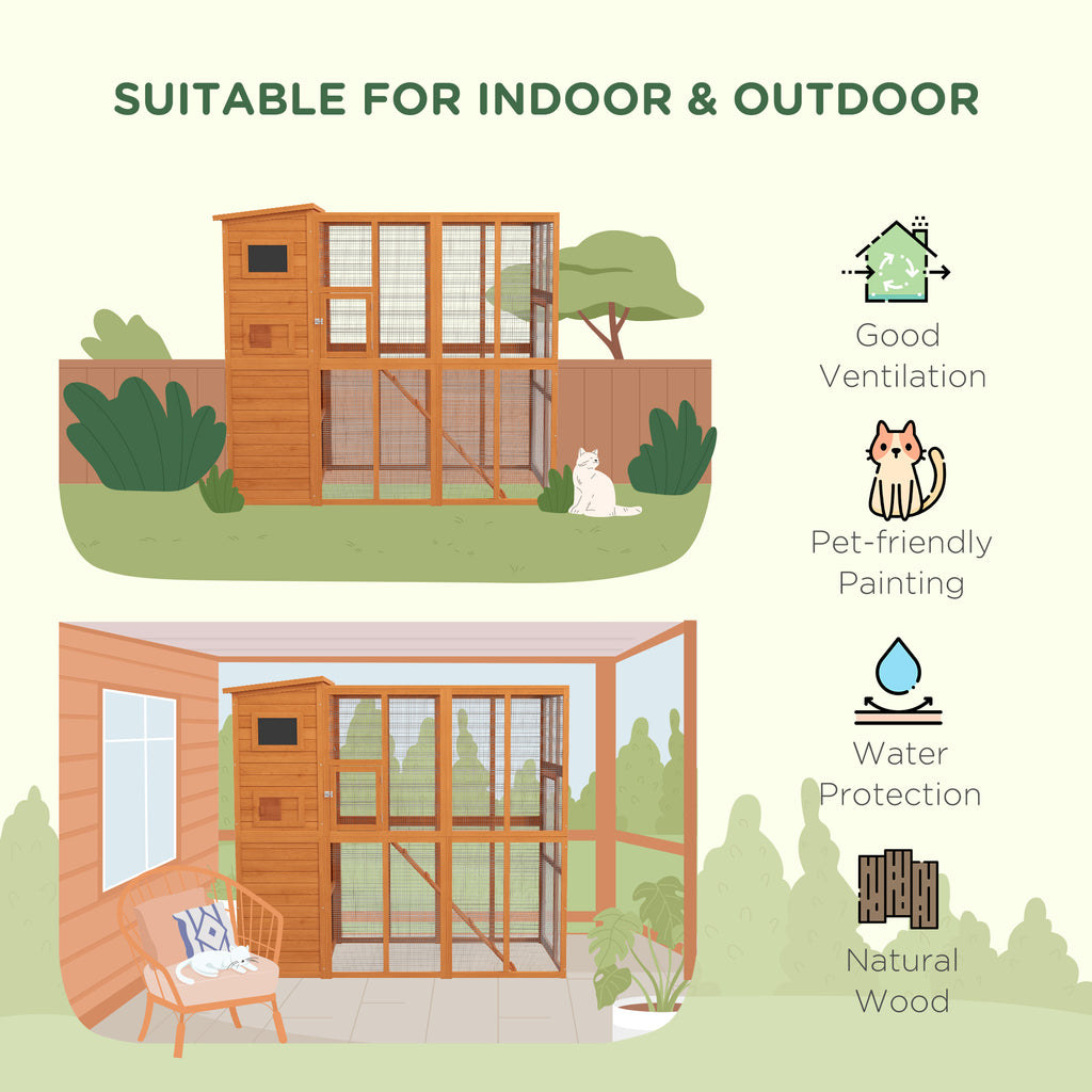 Wooden Outdoor Catio with Platforms, Asphalt Roof, Ramps, Natural