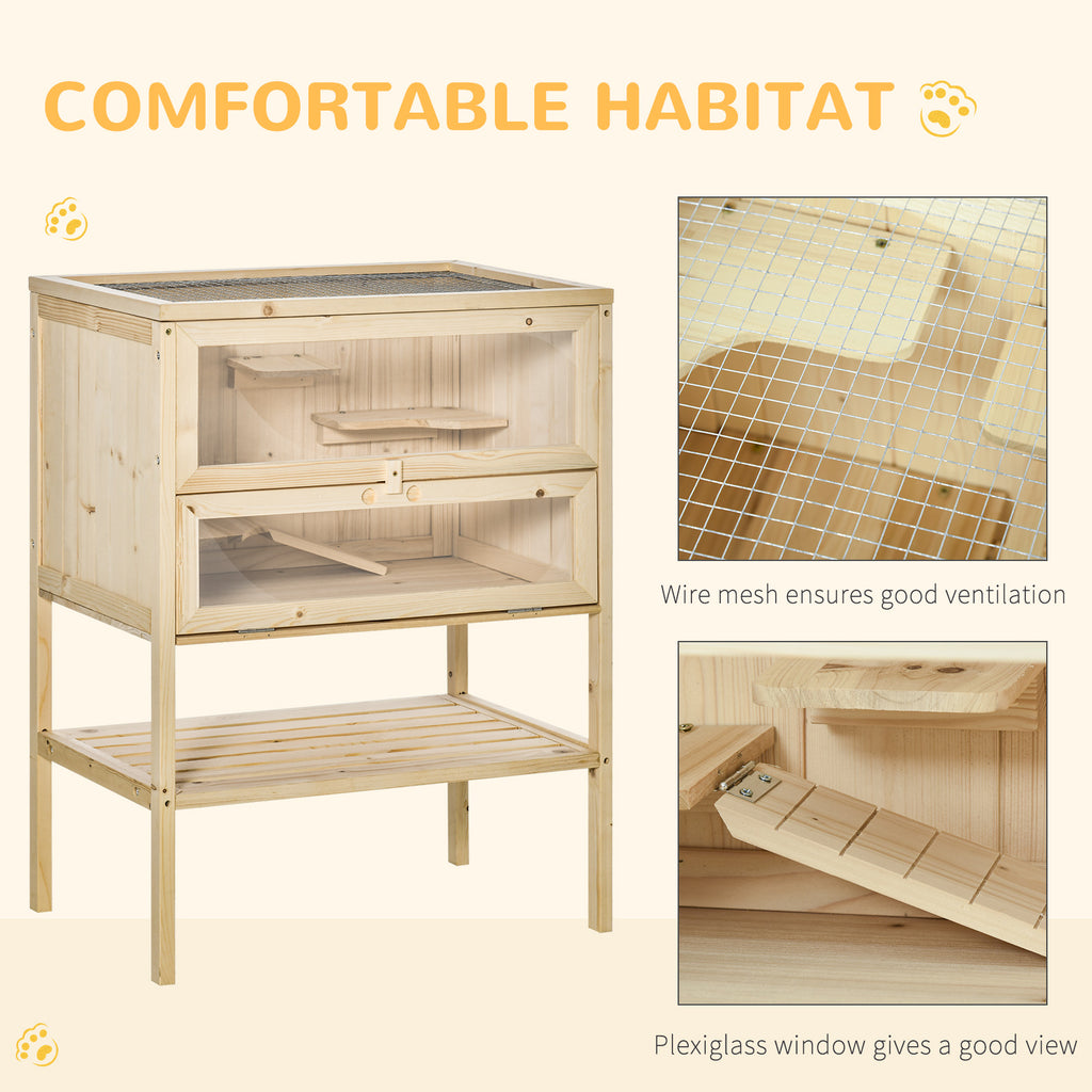 3-Tier Wooden Hamster Cage Mice and Rat Cage Small Animals Hutch with Openable Top, Front Door, Shelf, Natural Wood