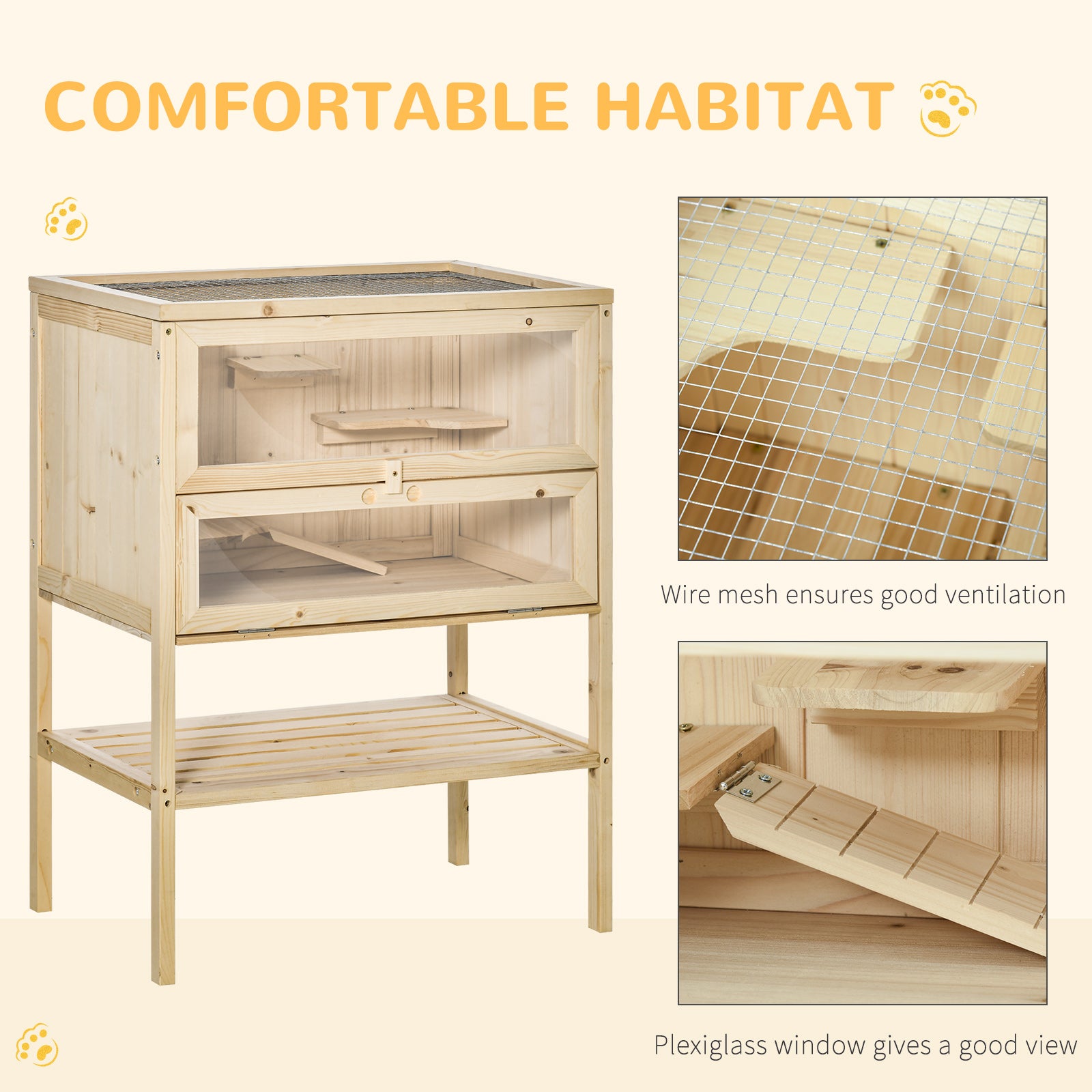 3-Tier Wooden Hamster Cage Mice and Rat Cage Small Animals Hutch with Openable Top, Front Door, Shelf, Natural Wood