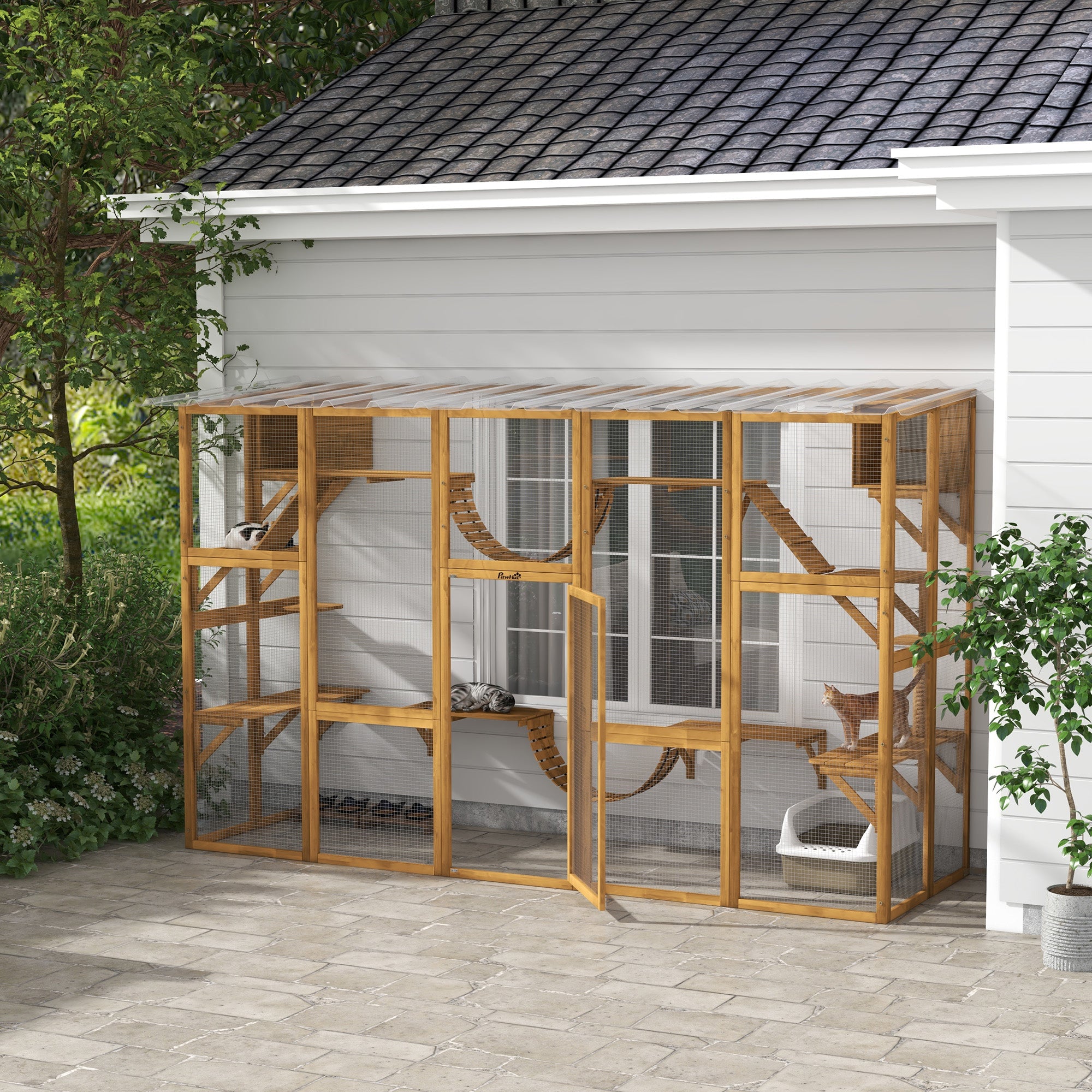 Catio Playground Cat Window Box Outside Enclosure for Multiple Cats w/ Shelves & Bridges, Yellow