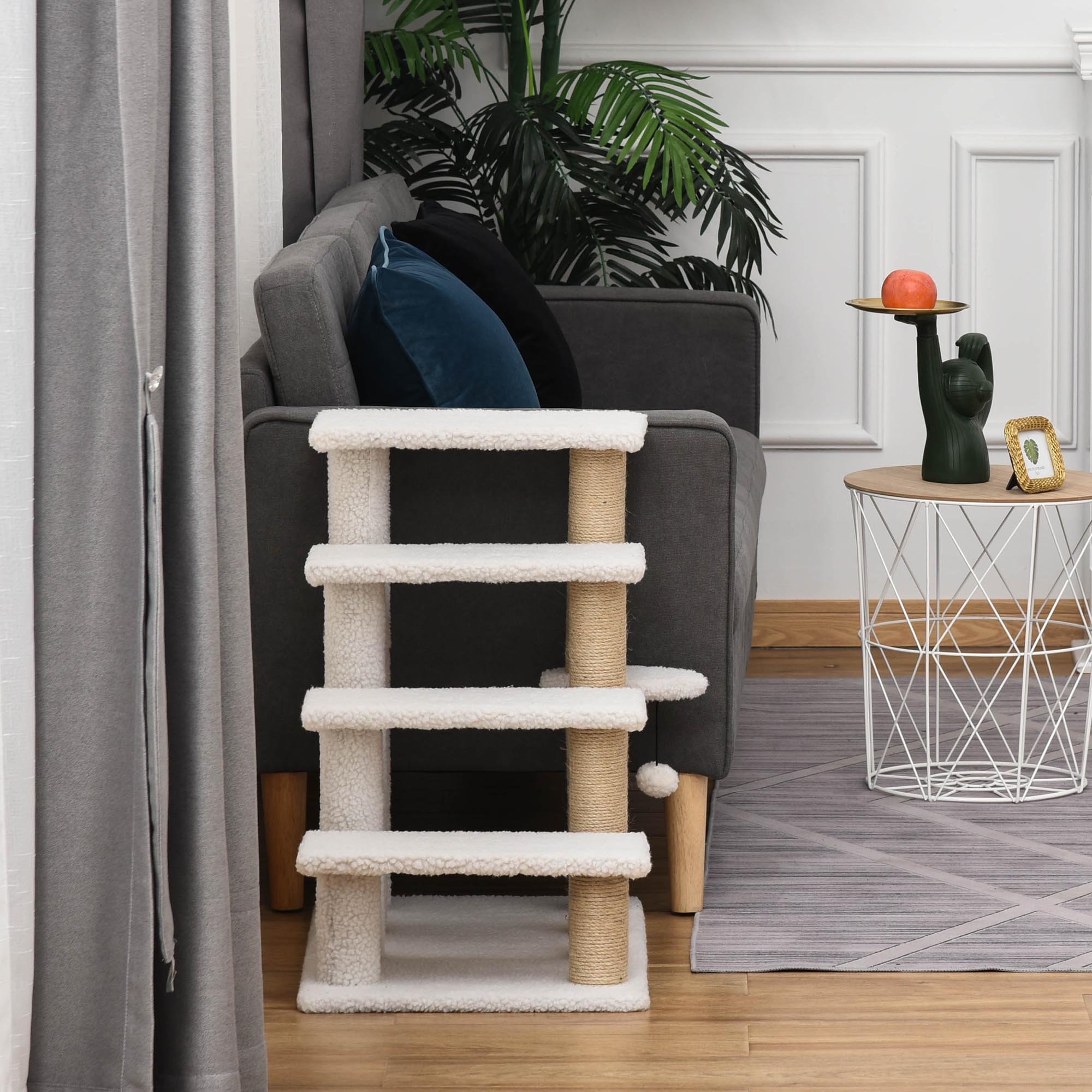 4-Tier Cat Steps with Scratching Posts, Pet Stairs for High Bed & Sofa, Indoor Cat Climbing Ladder, White