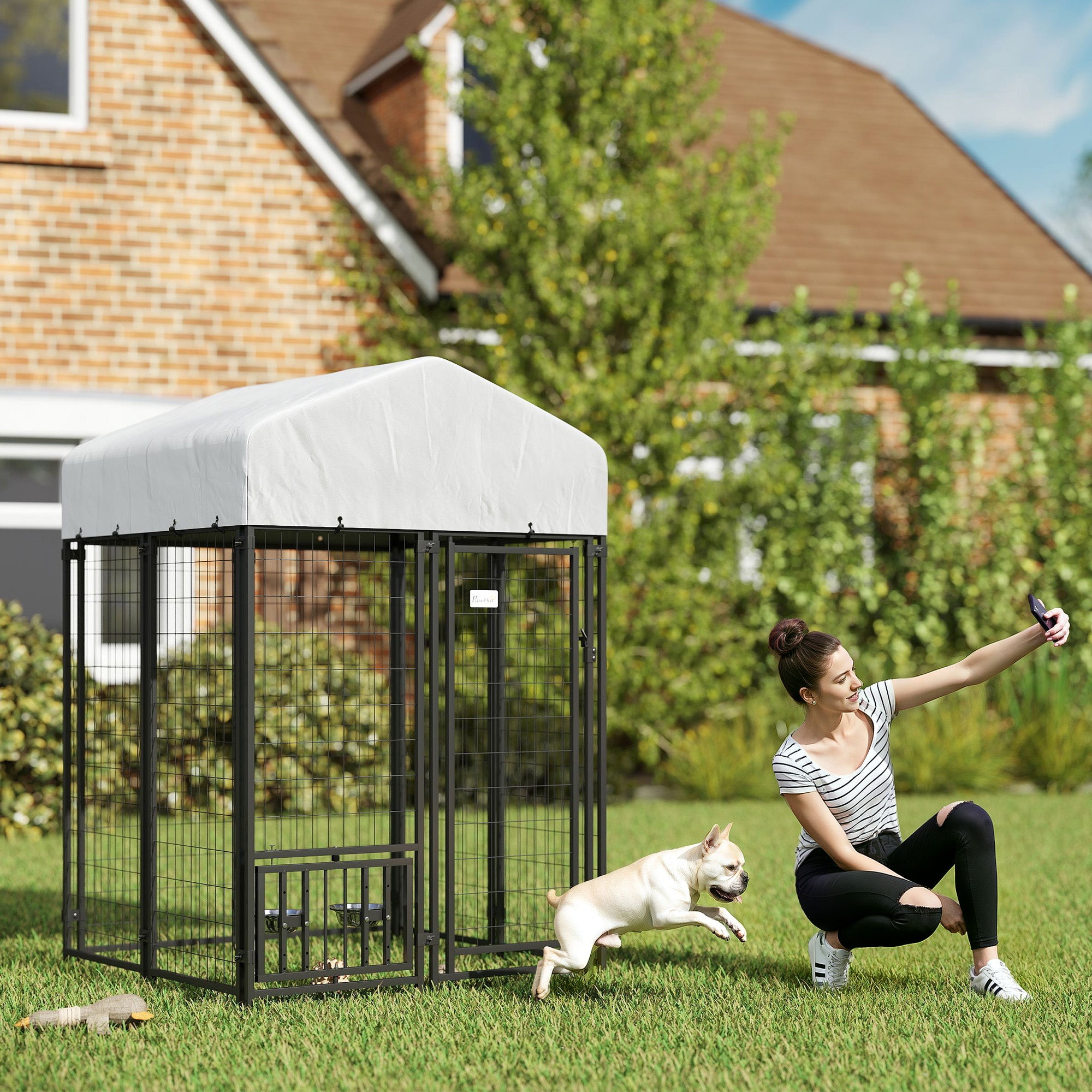 Welded Wire Outdoor Dog Kennel with 360¡ã Rotating & 4 Levels Adjustable Bowls, Waterproof Cover, 3.9' x 3.9' x 6'