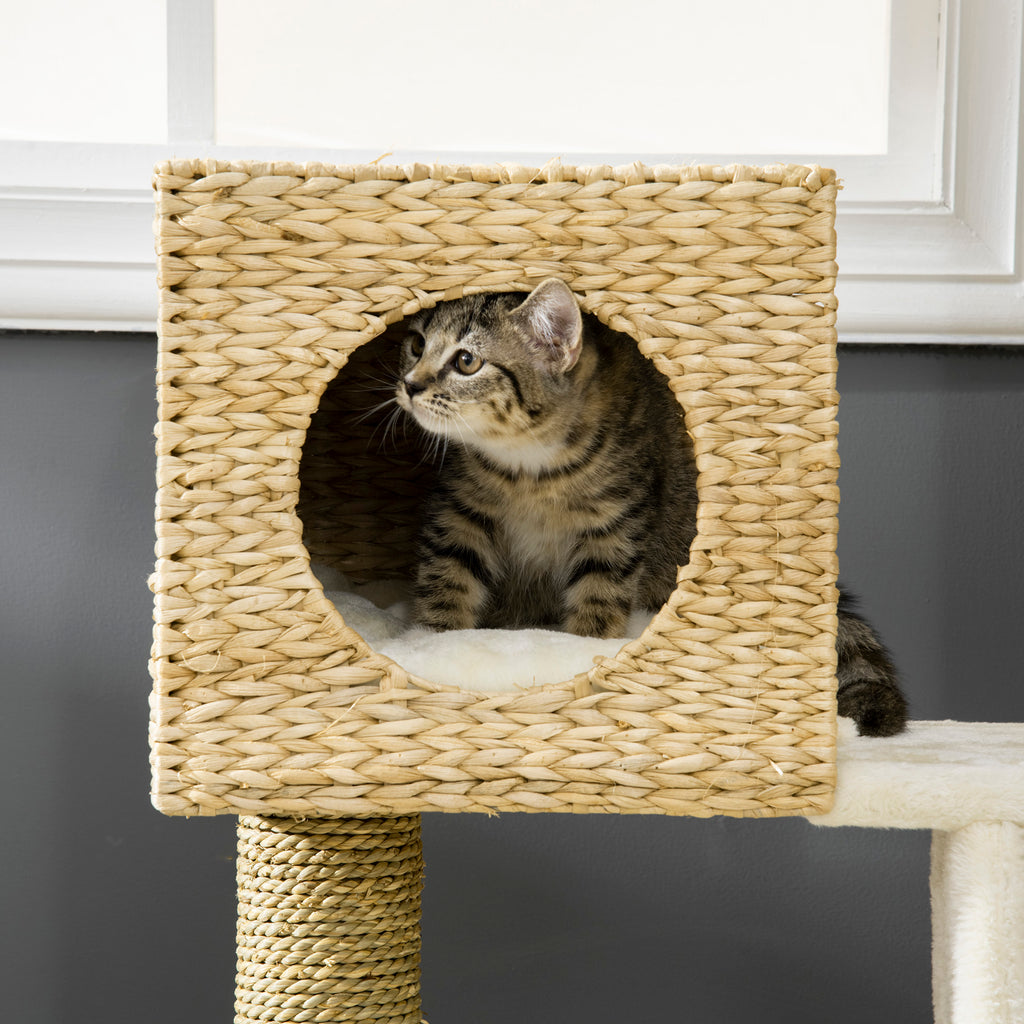 39.5" Natural Cattail Weave Cat Tree - Boho Rattan Cat Tower with Wicker Condo & Bed, 3-Tier Kitty Activity Center with Ladder & Washable Cushions