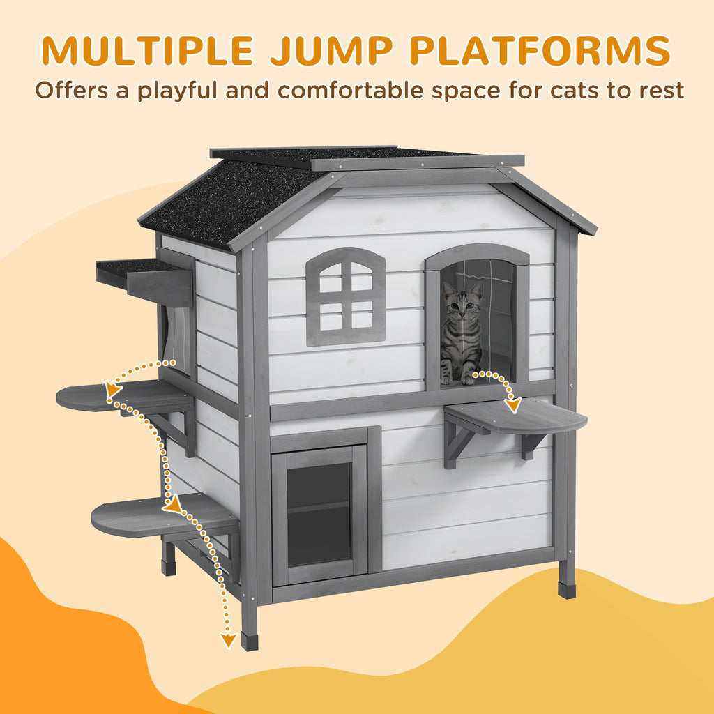 ?2-story Cat House Outdoor, Weatherproof?Wooden Cat Enclosure for Feral Cats with Escape Door, Openable Roof, Jumping Platforms, White