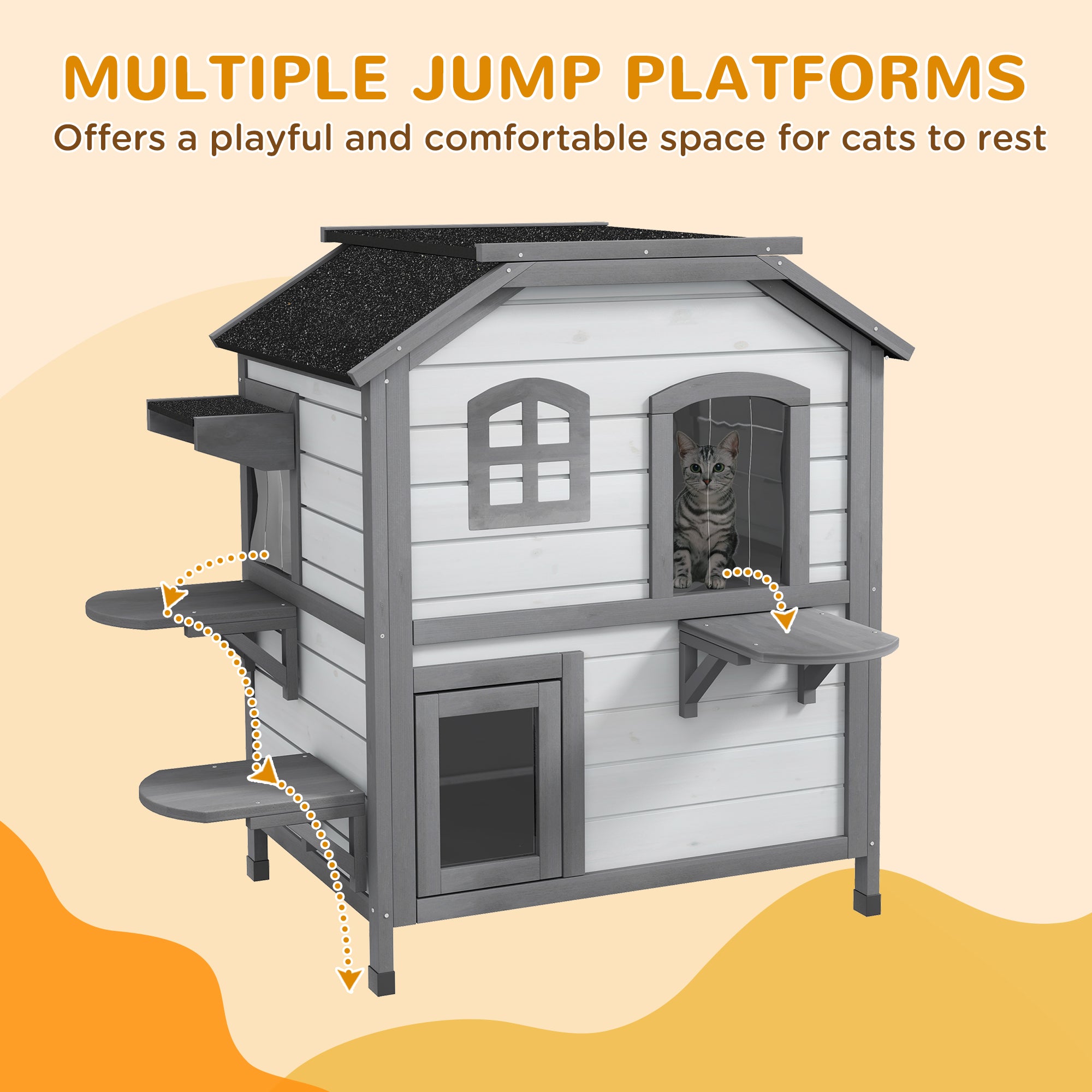 ?2-story Cat House Outdoor, Weatherproof?Wooden Cat Enclosure for Feral Cats with Escape Door, Openable Roof, Jumping Platforms, White