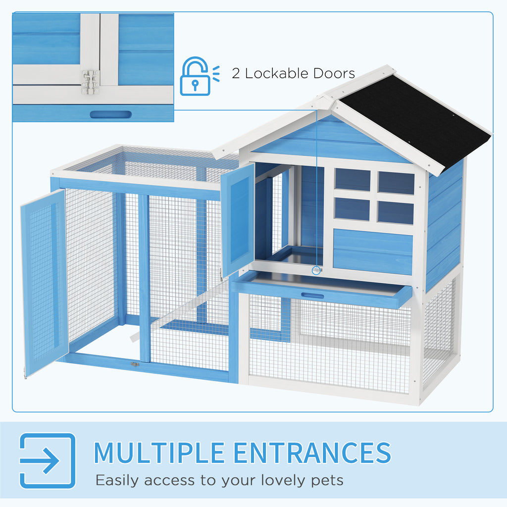 48" Wooden Rabbit Hutch Bunny Cage with Waterproof Asphalt Roof, Fun Outdoor Run, Removable Tray and Ramp, for Rabbits, Chickens, Ducks, Light Blue