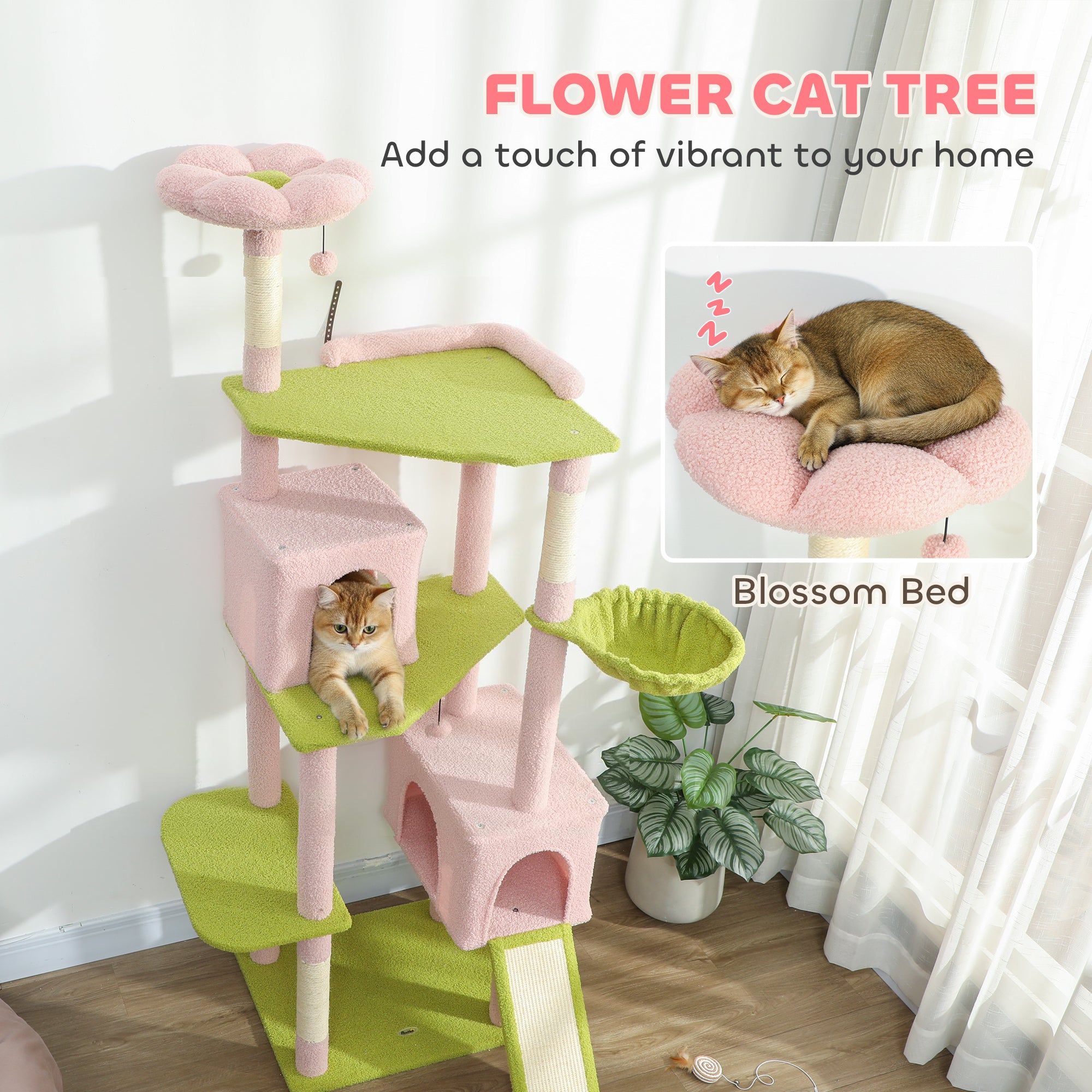 74" Pink Flower Cat Tree - Aesthetic Tall Cat Tower for Indoor Cats with 2 Condos, 3 Hammocks & 8 Sisal Scratching Posts, Floral Multi-Level Play House
