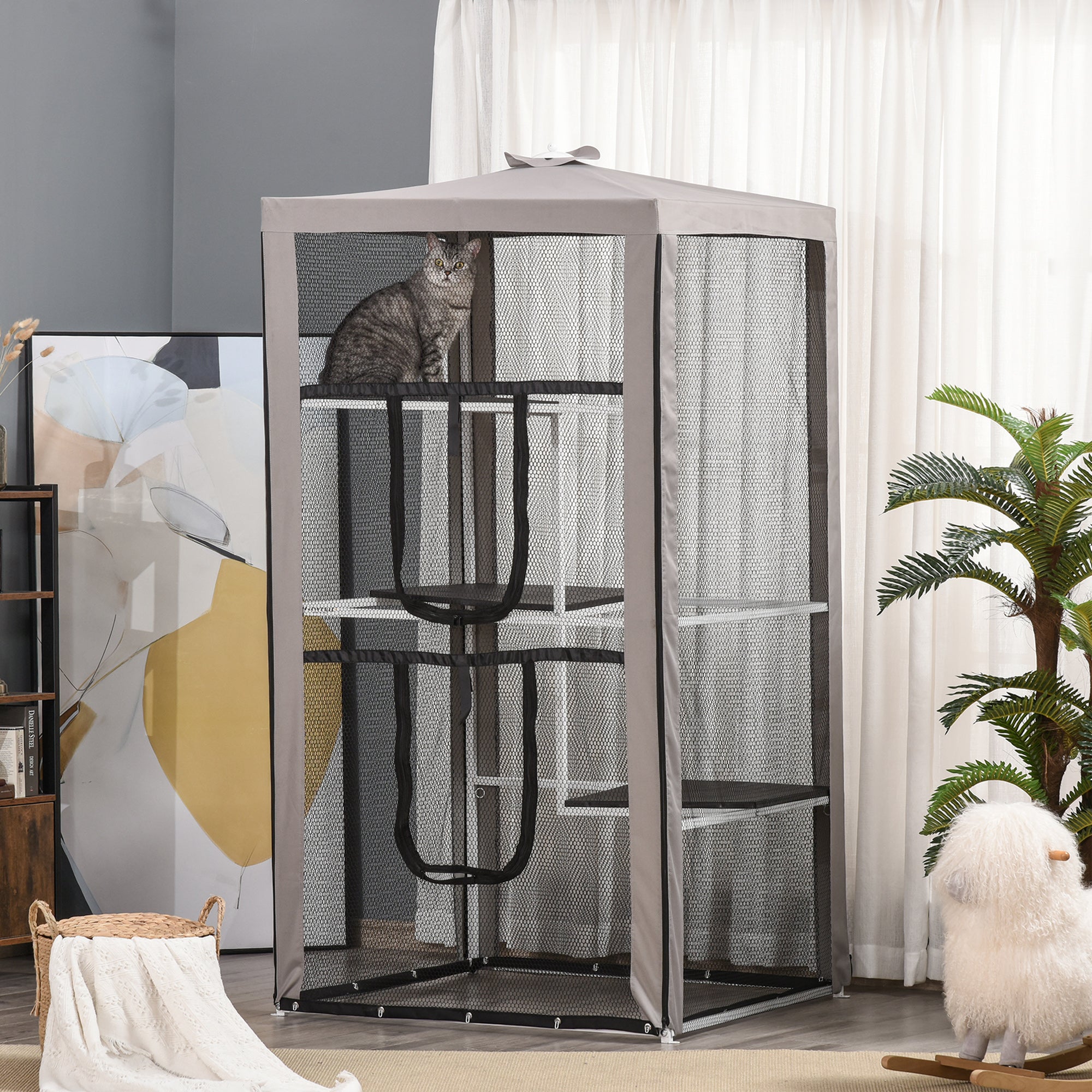 H Cat House Kitten Enclosure Playpen Frame with 3 Platforms