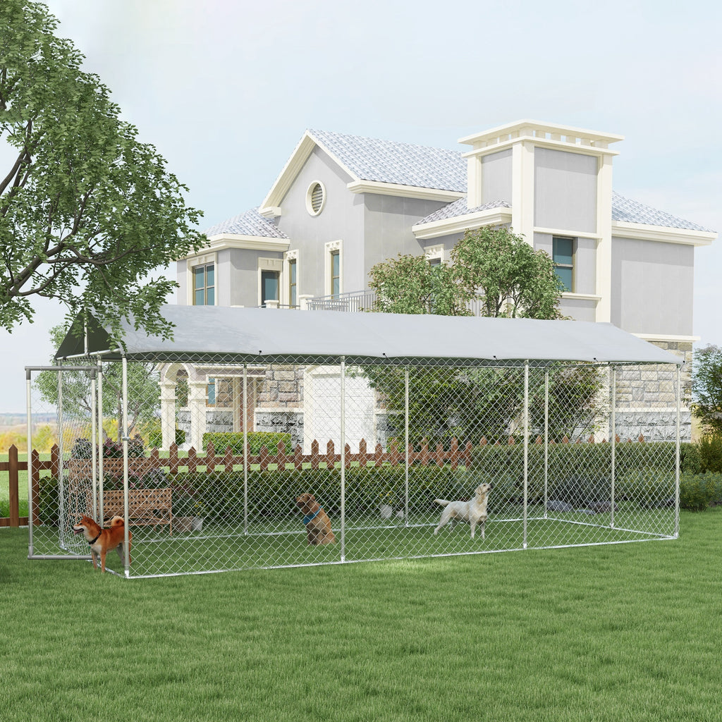 19.7' x 7.5' x 7.5' Outdoor Dog Kennel for Large-Sized Dogs with Waterproof UV Resistant Roof, Silver