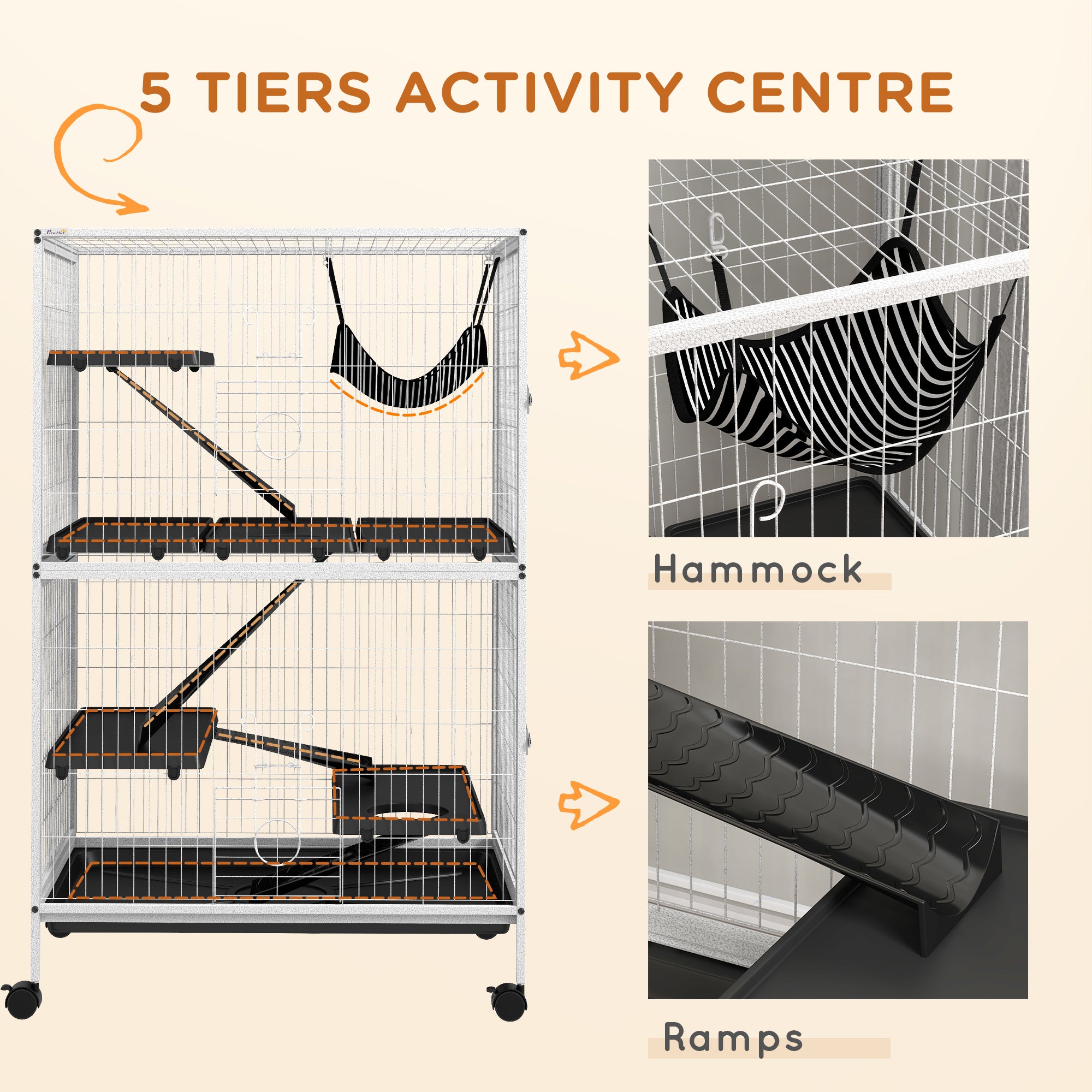 50" H Rolling Small Animal Cage with Hammock, Ferret Cage, Chinchilla Cage, Pet Habitat, wIth 4 Doors, Removable Tray