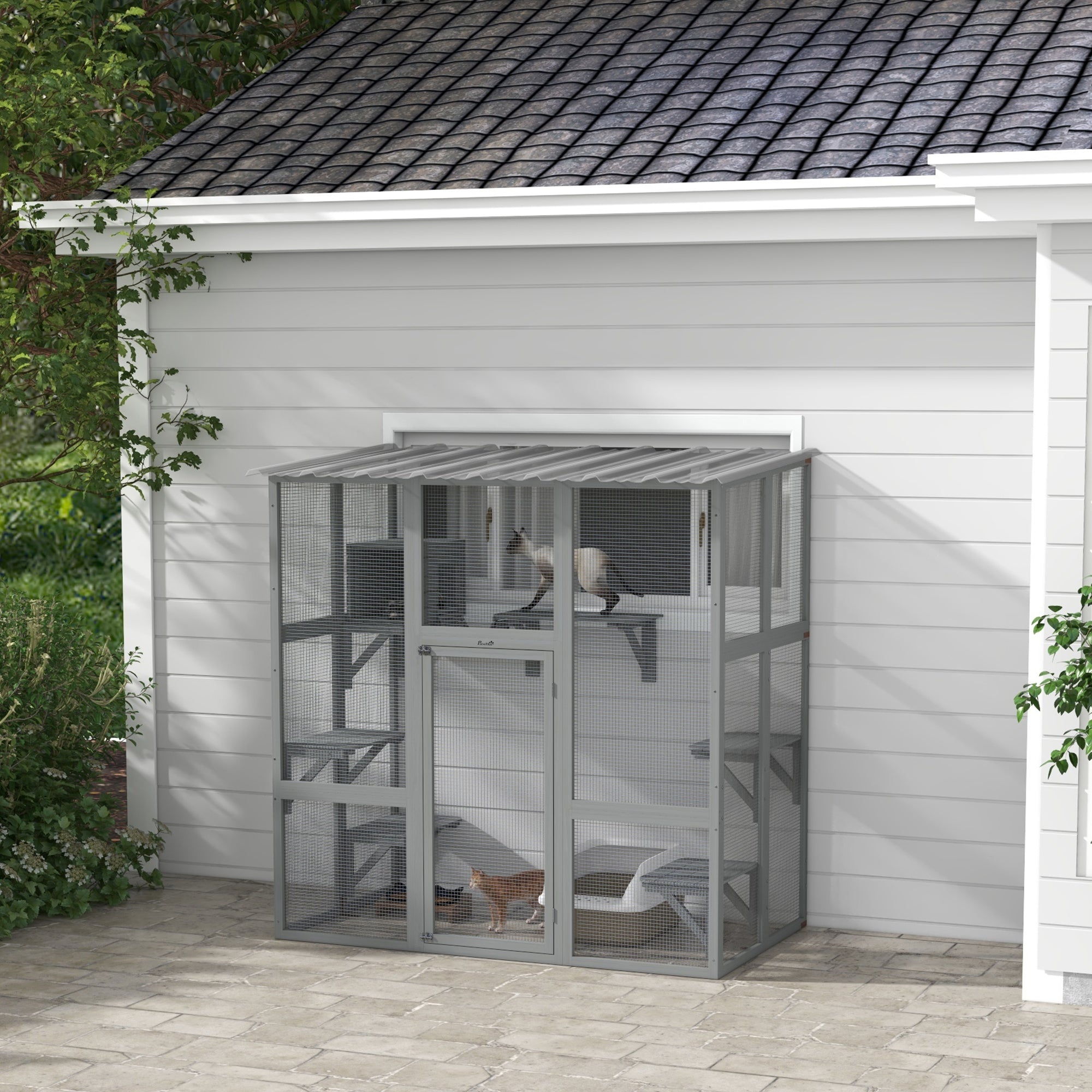 Catio Outdoor Cat Enclosure, Window Box Wooden Cat House with Bridge Platforms, Gray