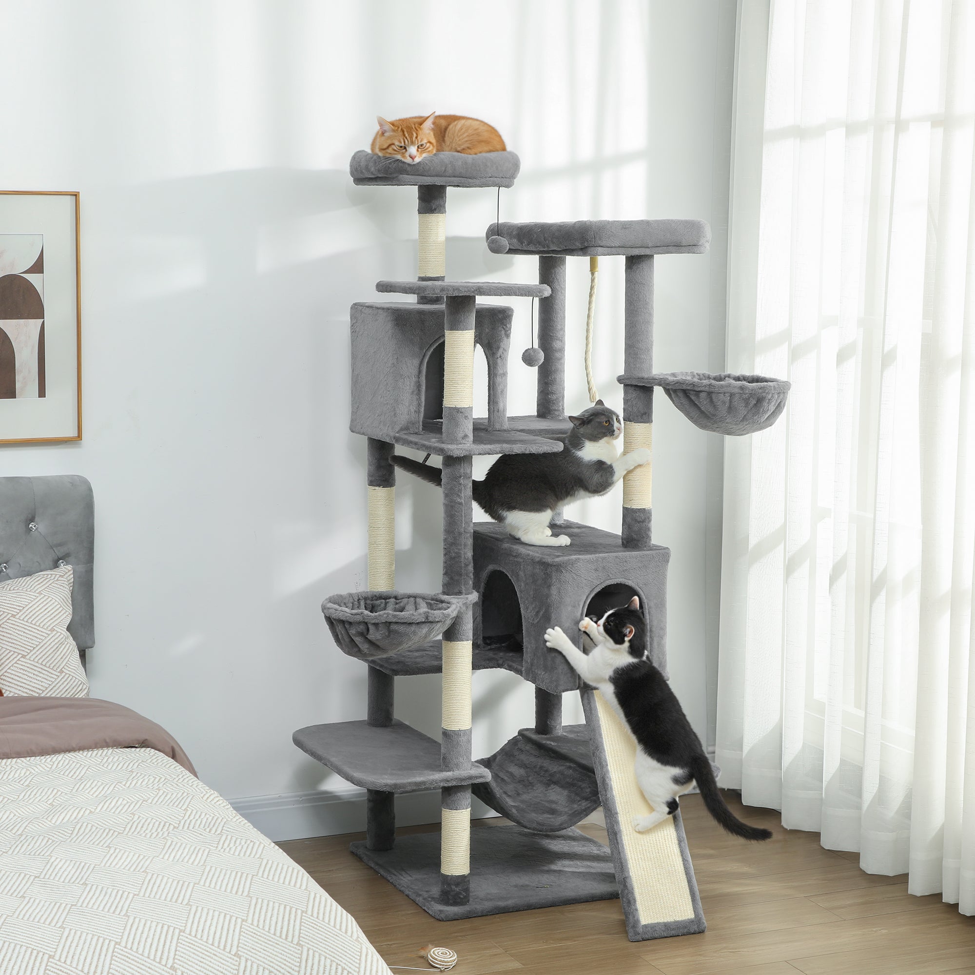 69" Tall Cat Tree for Indoor Cats - Multi-Level Cat Tower with 2 Condos & 3 Hammocks, 8 Sisal Scratching Posts, Dark Gray Furniture for Multiple Cats, Anti-Tip Stable Design