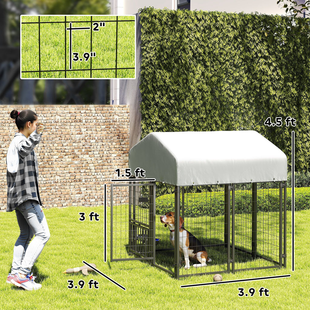 Welded Wire Outdoor Dog Kennel with 360¡ã Rotating & 4 Levels Adjustable Bowls, Waterproof Cover, 3.9' x 3.9' x 4.5'